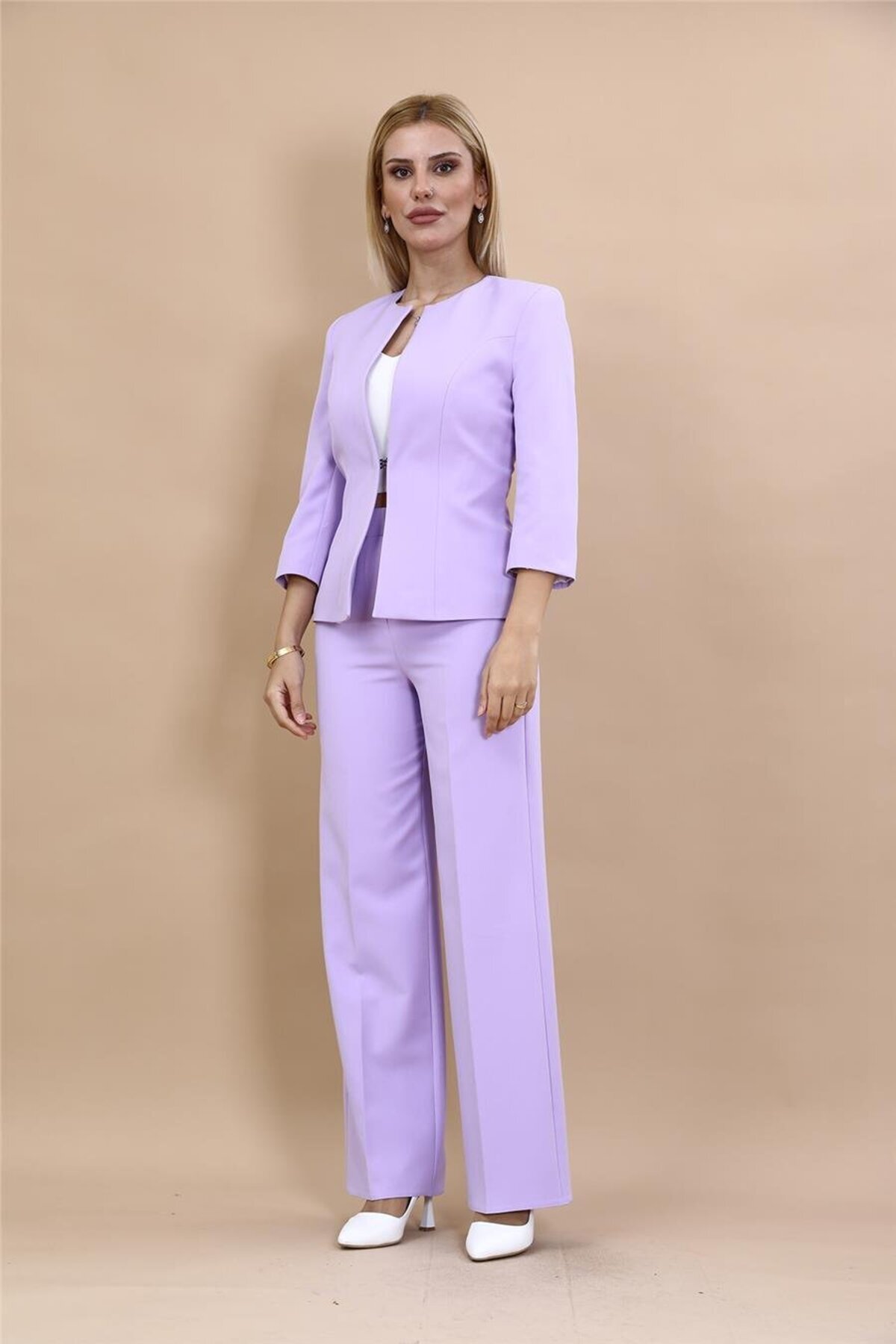 Crew Neck Straight Short Jacket & Wide Leg Trousers Set - Tile