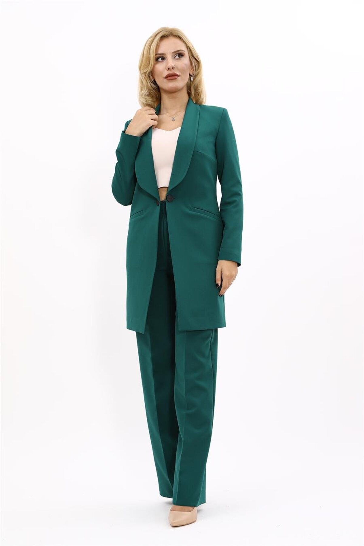 Shawl Collar Pocket Long Jacket & Wide Leg Trousers-Orange