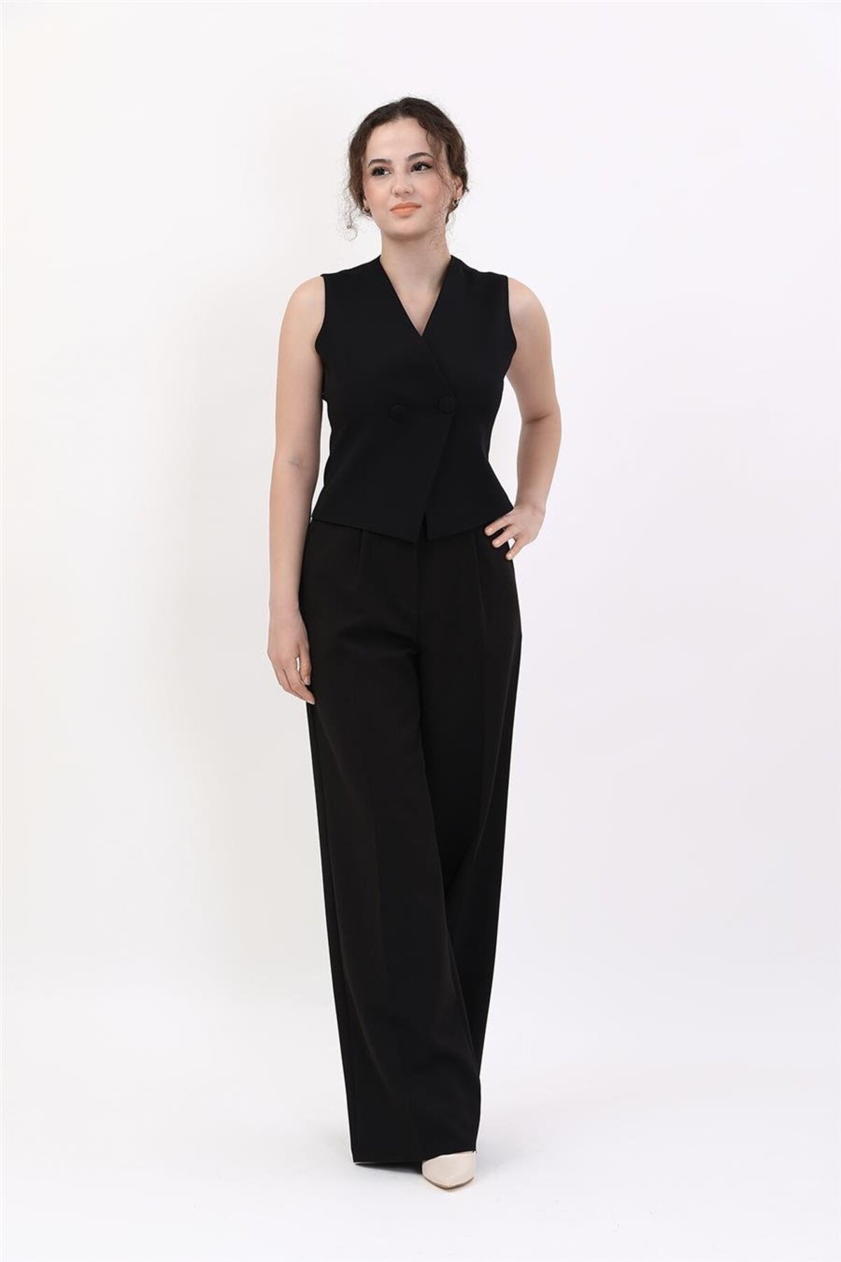 Wrap Cross Vest & High Waist Wide Leg Pants-Black