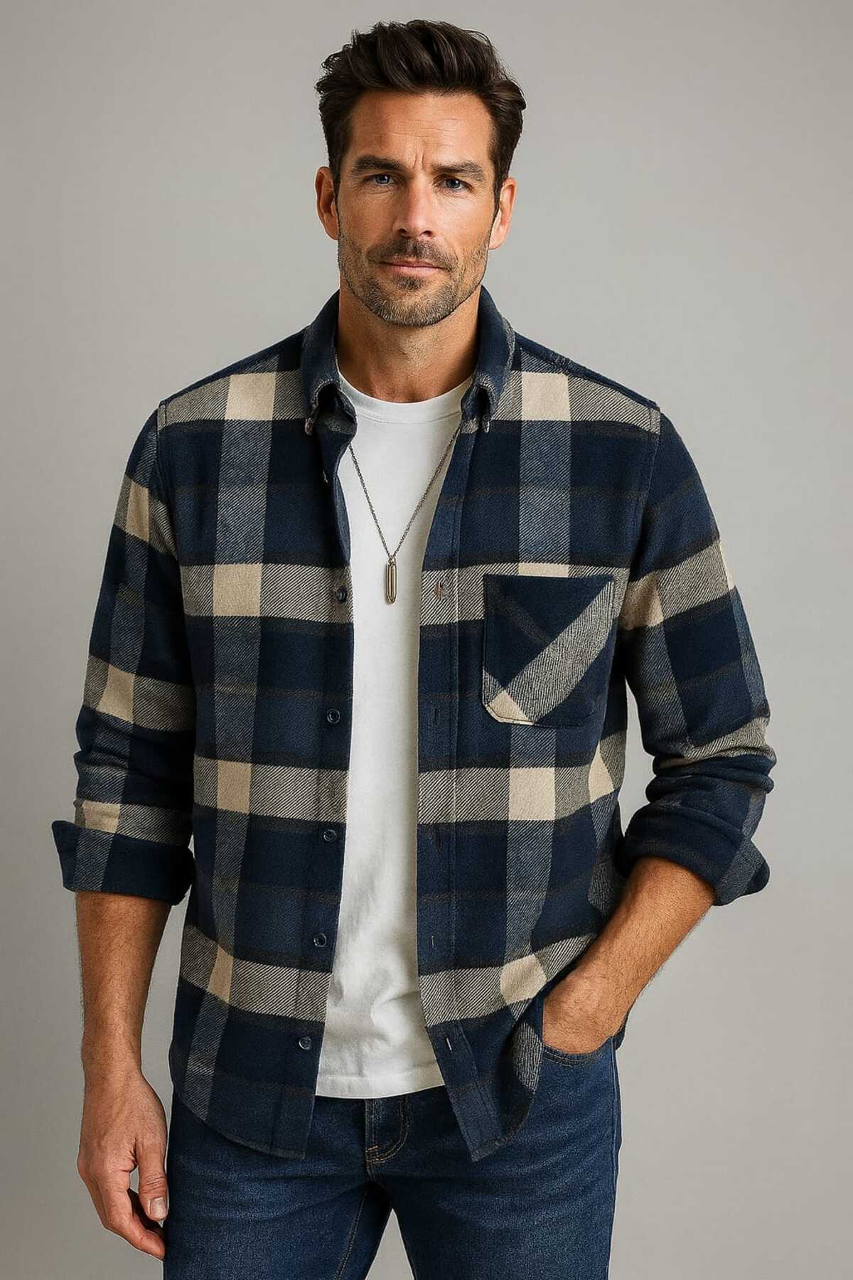 YNGMENCLASS  TEK CEP DETAYLI EKOSE DOKULU KAŞMİR PAMUKLU YAKA DÜĞMELİ KIŞLIK ODUNCU GÖMLEĞİ - Görsel 4