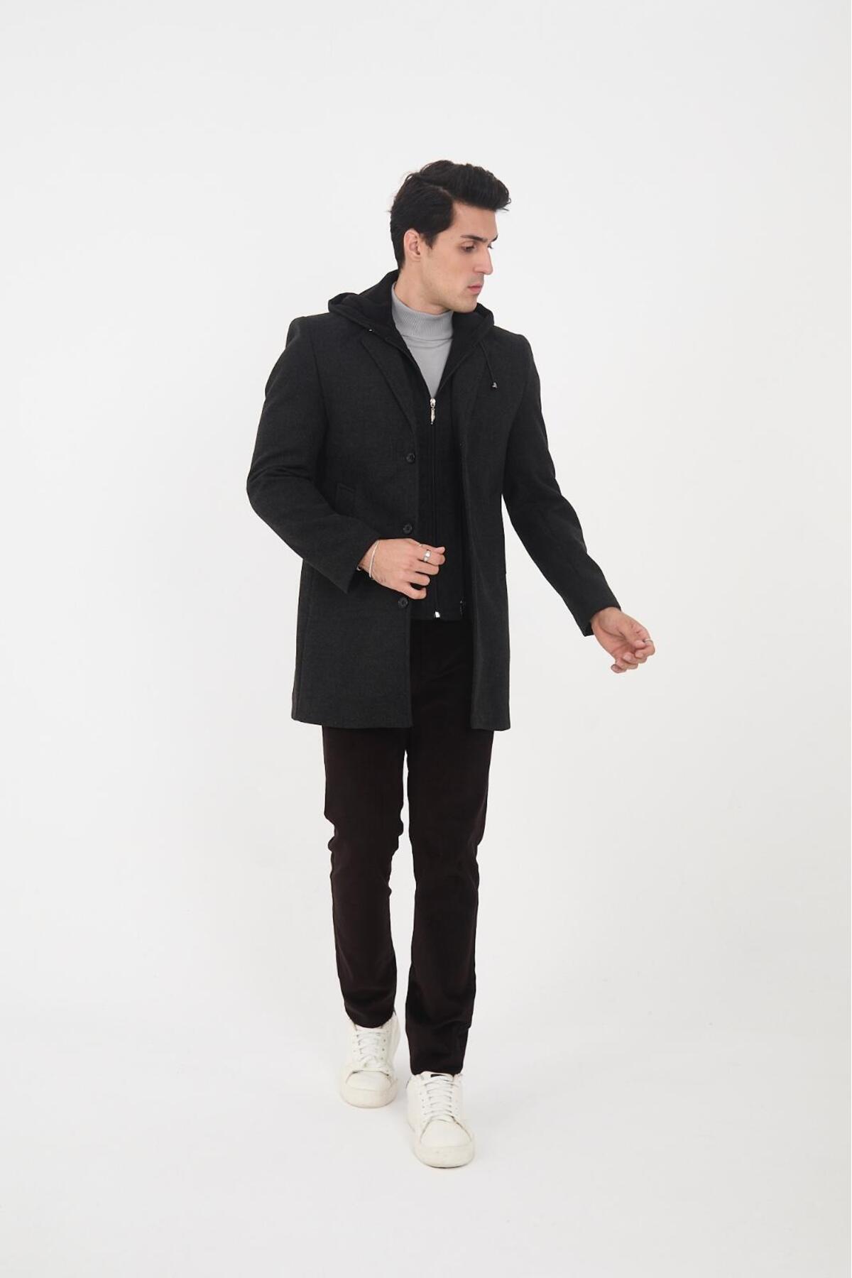 l lebs collection moda lebs şekil erkek Regular kapüşonlu Kaşe Kaban görsel 2