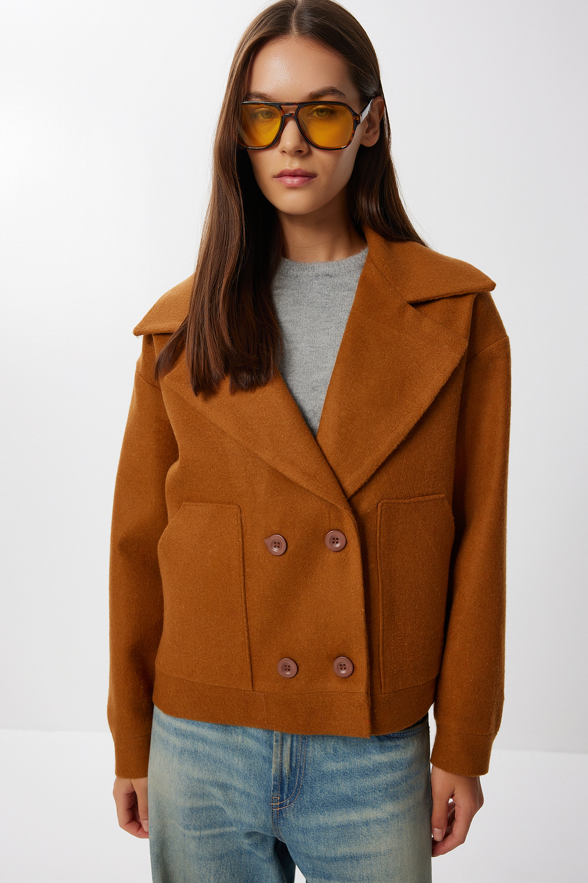 Lovelyİstanbul  Kruvaze Kısa Kaşe Kaban LDW0008 TABA - Görsel 3