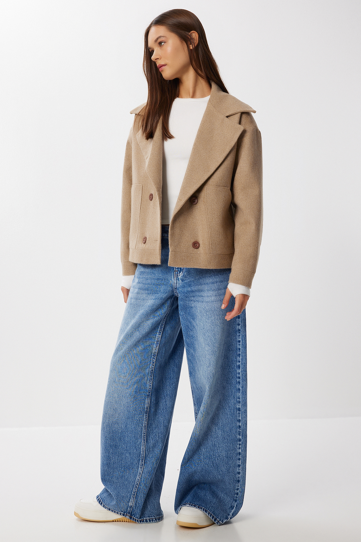 Lovelyİstanbul  Kruvaze Kısa Kaşe Kaban LDW0008 BEJ - Görsel 4