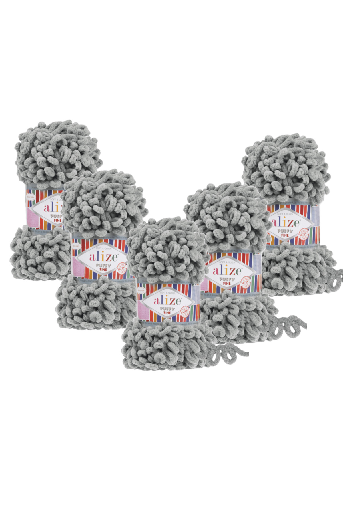 ( 5 Pieces ) Puffy Fine (SMALL LOOP ) Hand Knitting Yarn 5-Pack - 302 Gray - 100 Gr. 9 Mt.