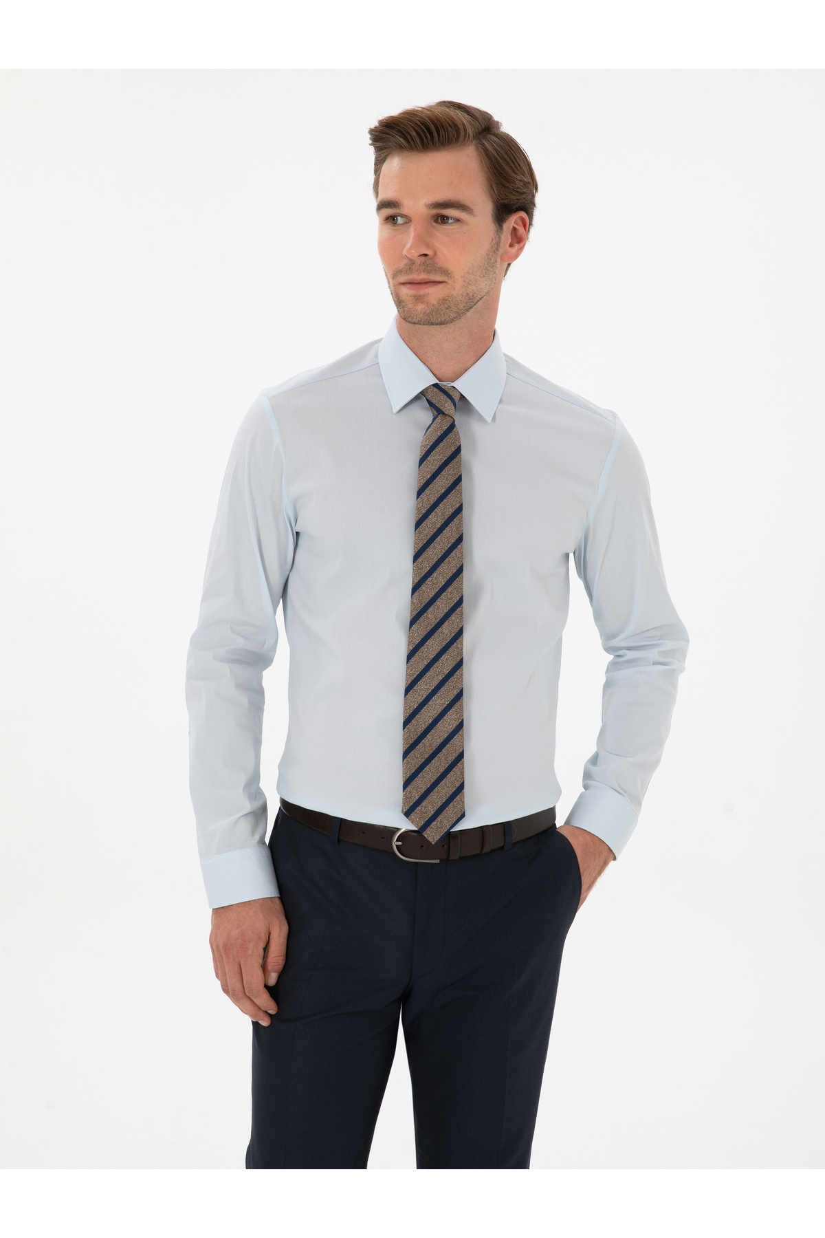 پیراهن نخی اسلیم فیت آبی روشن برند کاشارل کد:(50314589-VR003) Cacharel