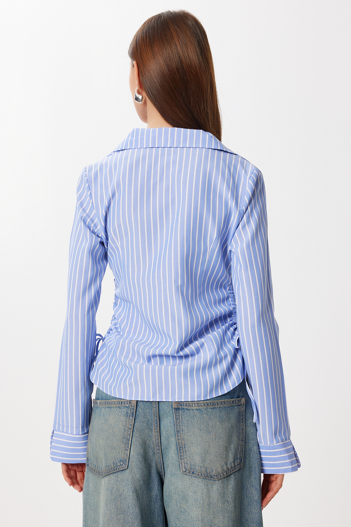 Lovelyİstanbul  Yan Büzgülü Çizgili Dokuma Gömlek LDZ0053 MAVİ BEYAZ - Görsel 6