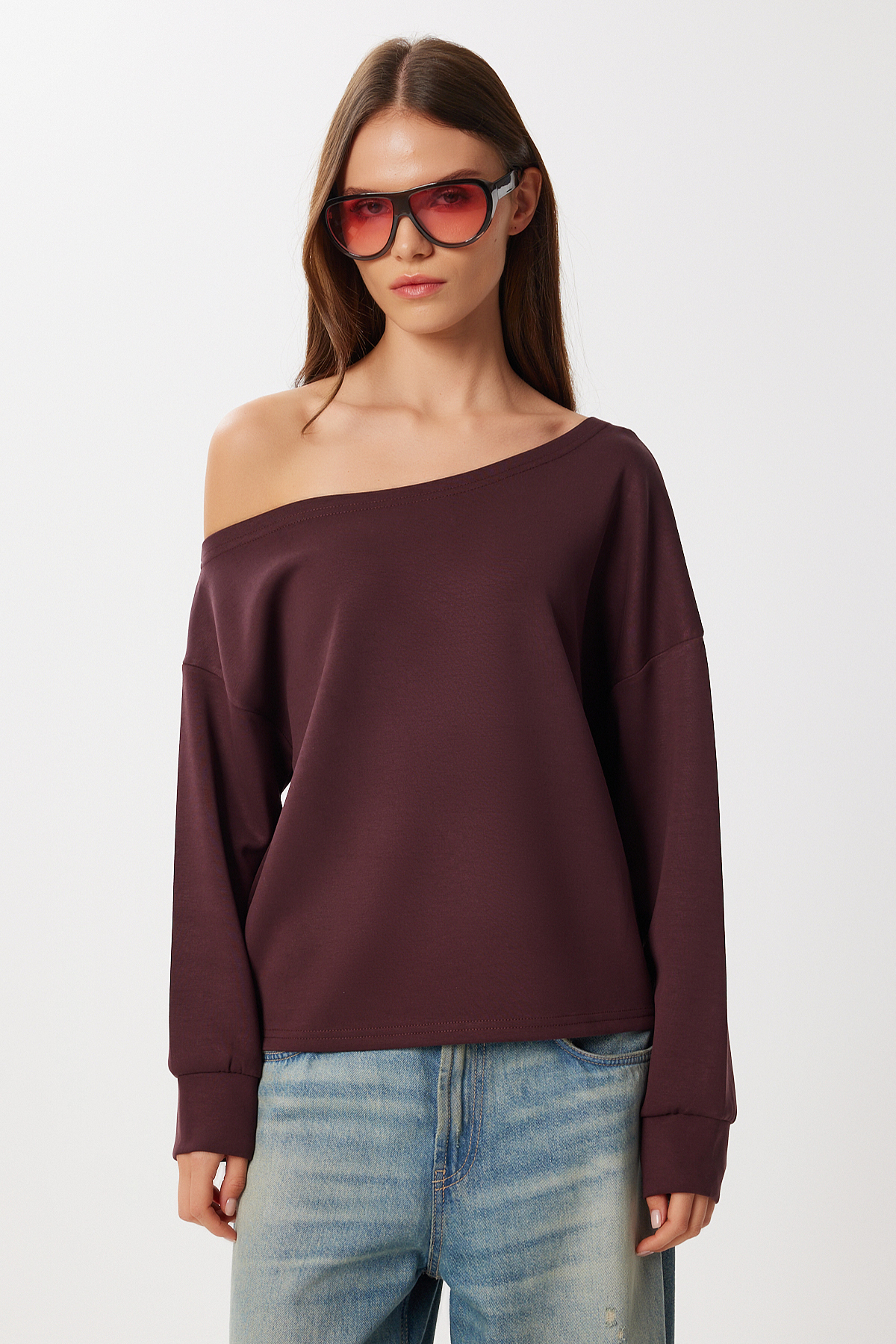 Lovelyİstanbul Açık Omuzlu Yumuşak Modal Sweatshirt LUB0252 BORDO görsel 3