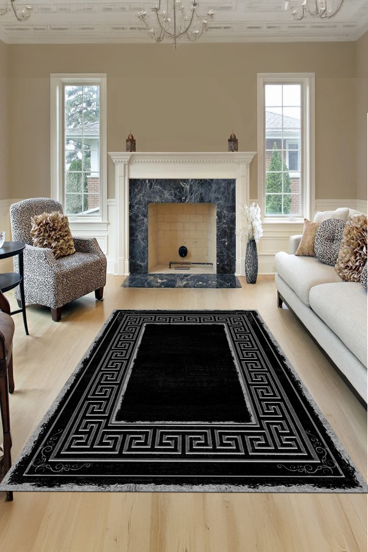 Modern Framed Living Room Rug with Classic Edge Stripes with Digital Printed Washable and Non-Slip Base