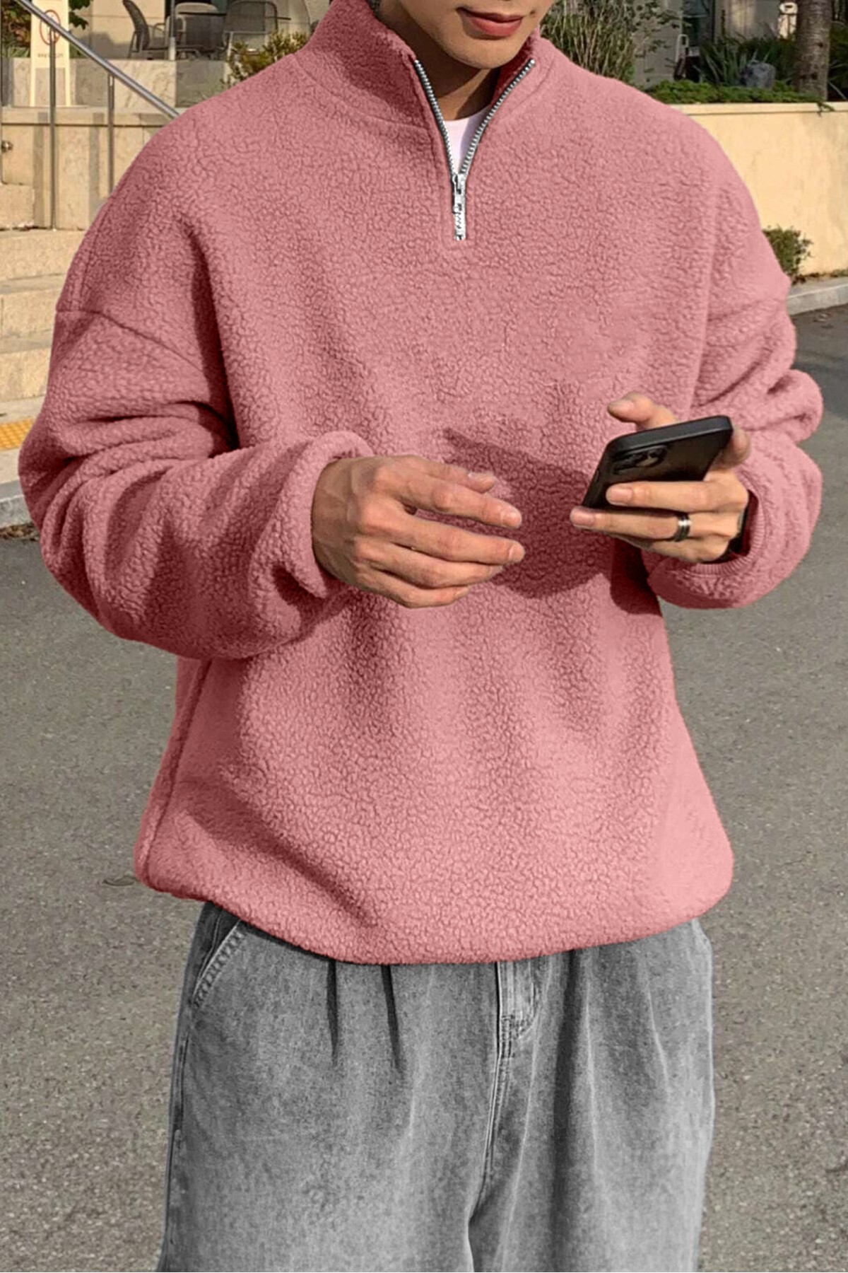 GHASSY CO Erkek Ultra Isı Peluş Sherpa Oversize Yarım Metal Fermuar Lastik Ayarlı Polar Sweatshirt — رنگارنگ 869866295