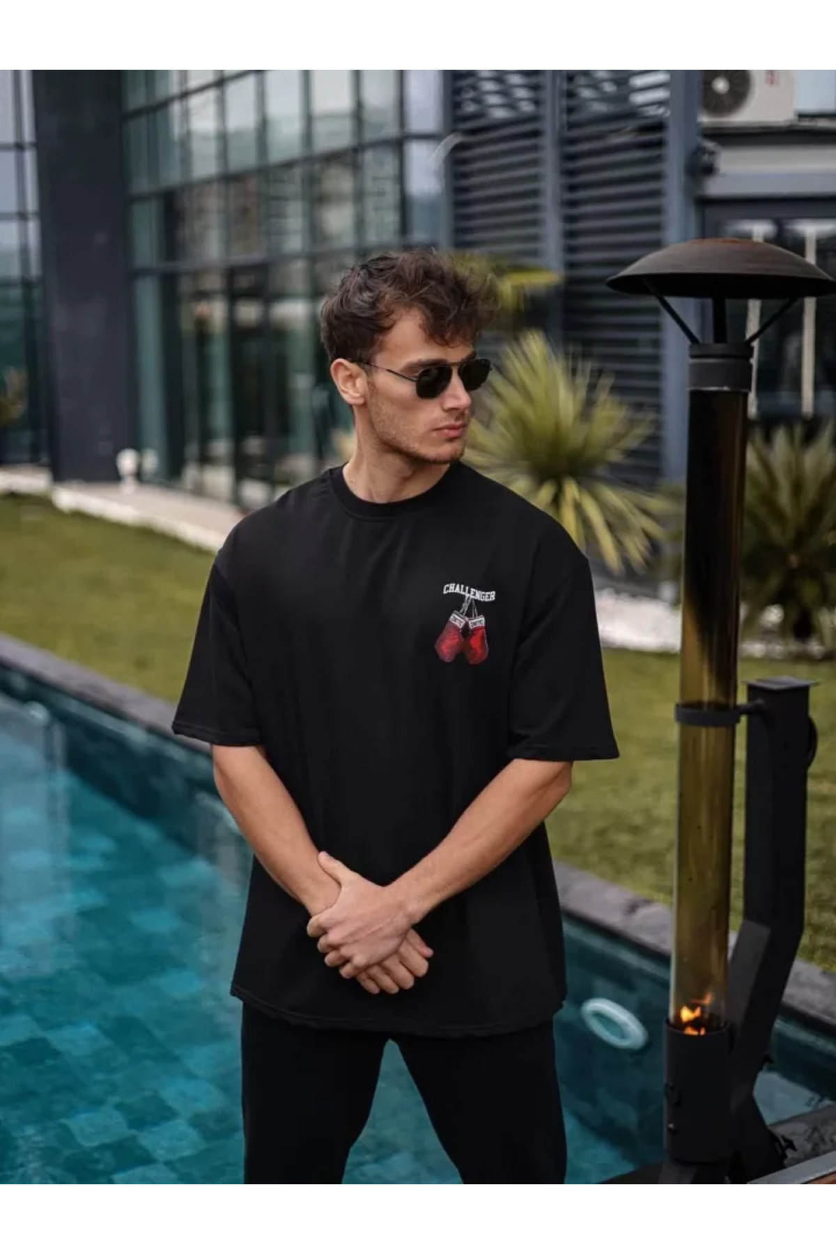 shopivastore Unisex Bisiklet Yaka Baskılı Oversize T-Shirt - Siyah