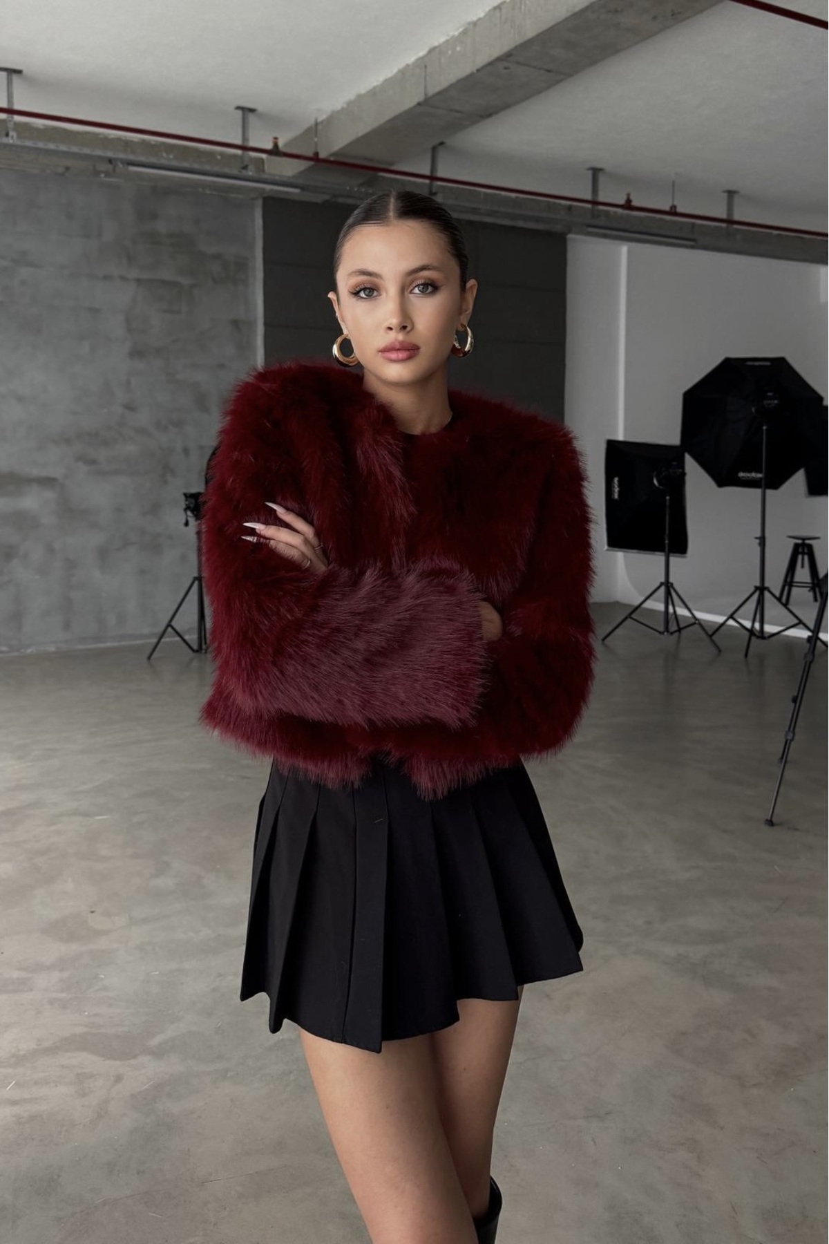 Moderk  ZR İthal Premium Kalite Bordo Yakasız Kürk Kadın Mont Ceket Kaban - Görsel 4