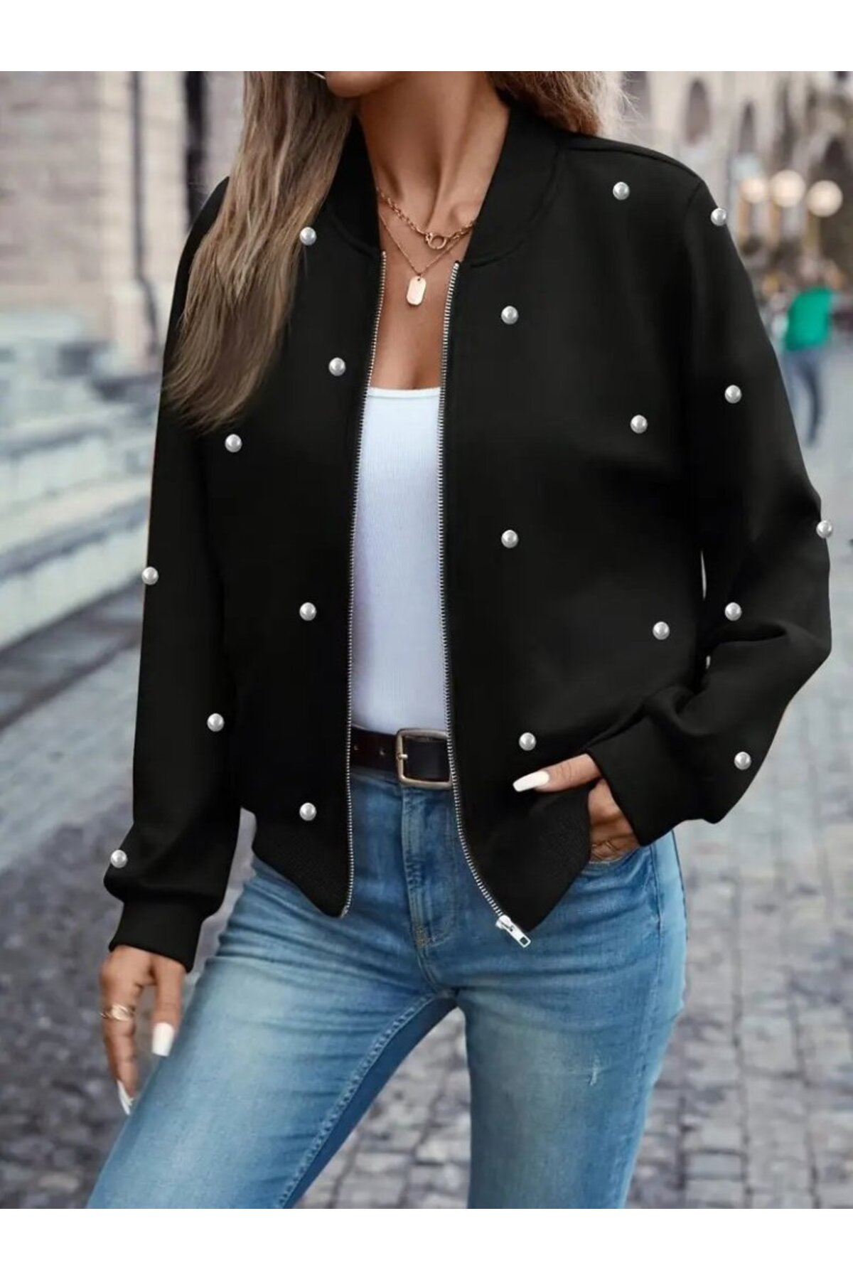 Veyodo  Kadın Uzun Kollu önden Fermuarlı Incili Kısa Modal Ceket - Görsel 3