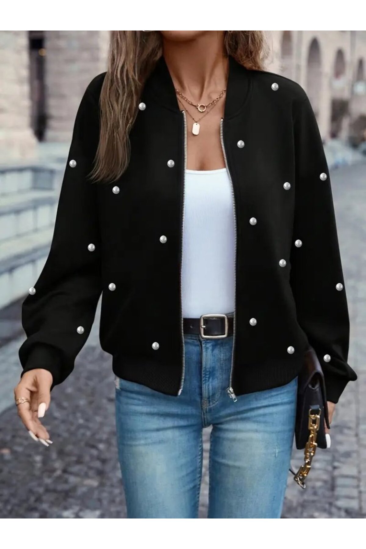 Veyodo  Kadın Uzun Kollu önden Fermuarlı Incili Kısa Modal Ceket - Görsel 2