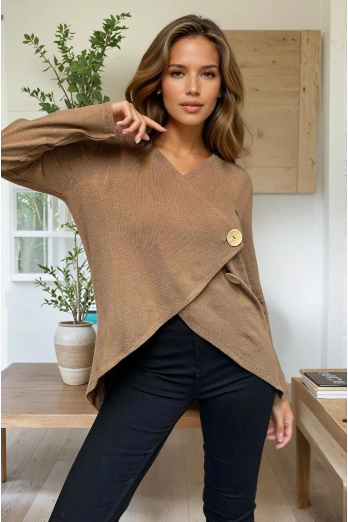 Women's Asymmetrical Cut Buttoned Cardigan Blouse – Shabby Design, V-Neck, Long Sleeve- 700-3328264