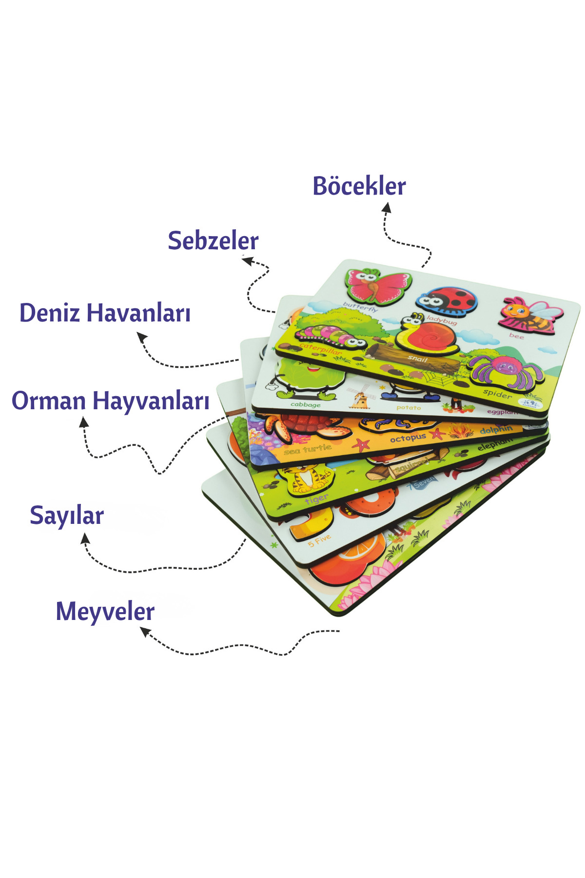 مجموعه پازل آموزشی غول‌پیکر چوبی انگلیسی ۶ تکه - حیوانات، میوه‌ها، سبزیجات، اعداد، حشرات