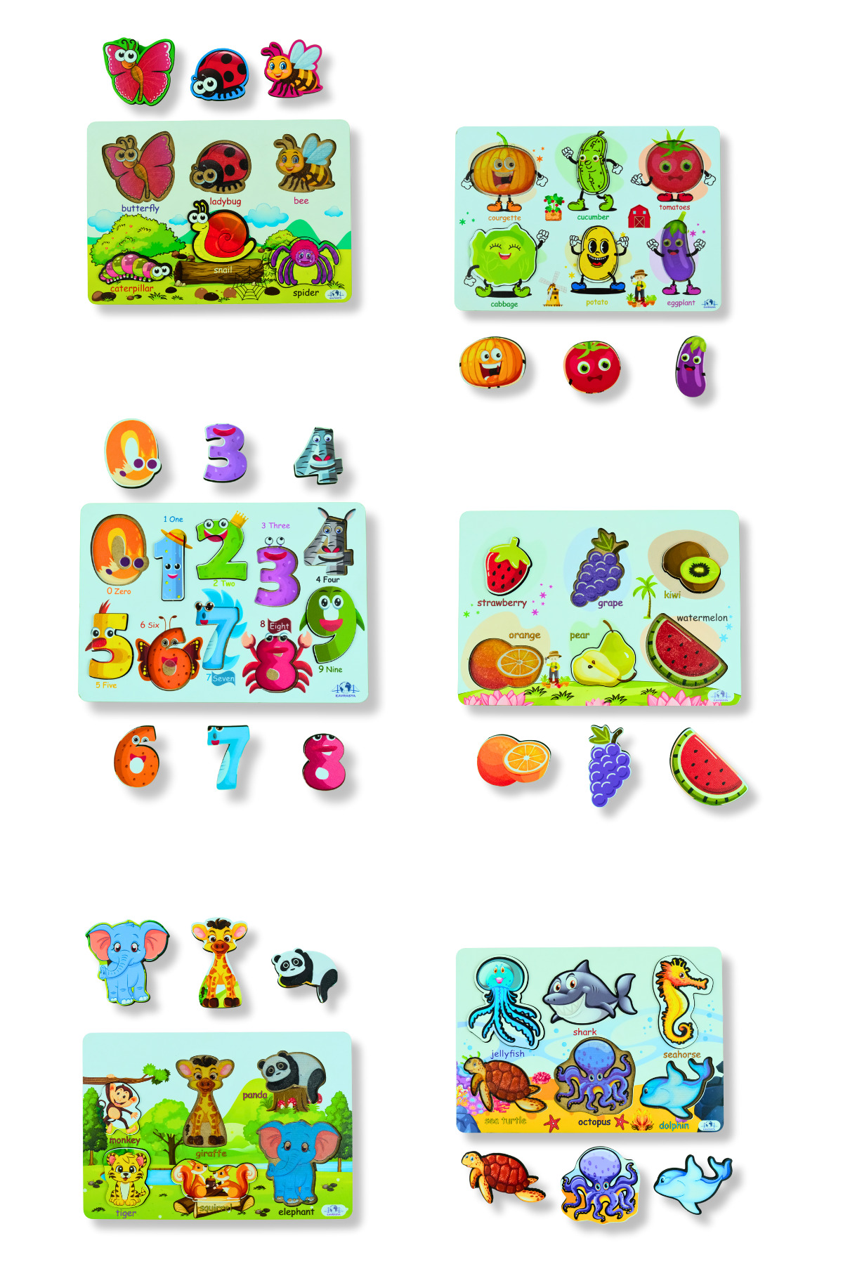 مجموعه پازل آموزشی غول‌پیکر چوبی انگلیسی ۶ تکه - حیوانات، میوه‌ها، سبزیجات، اعداد، حشرات