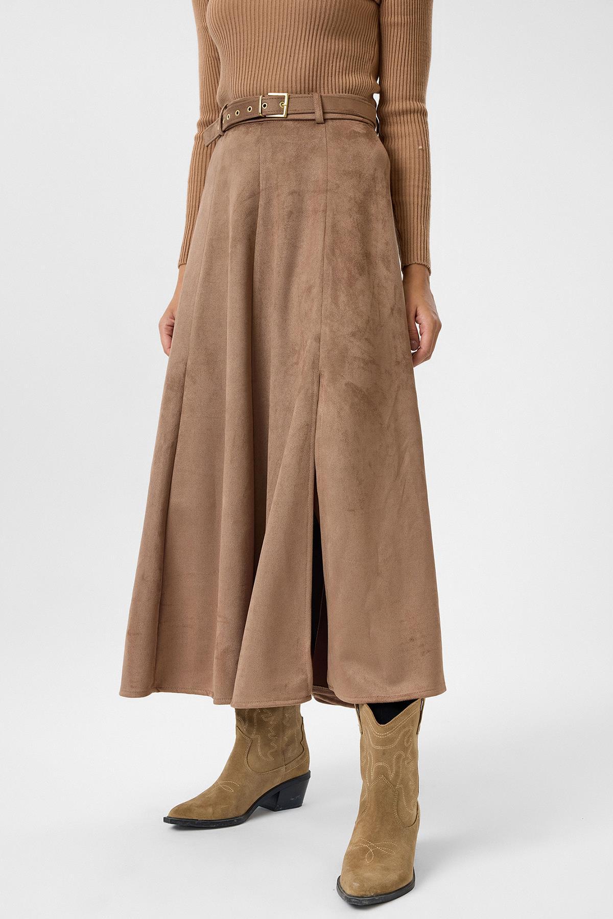 Tiffany Tomato  Yırtmaçlıı Uzun Süet Etek - Görsel 2