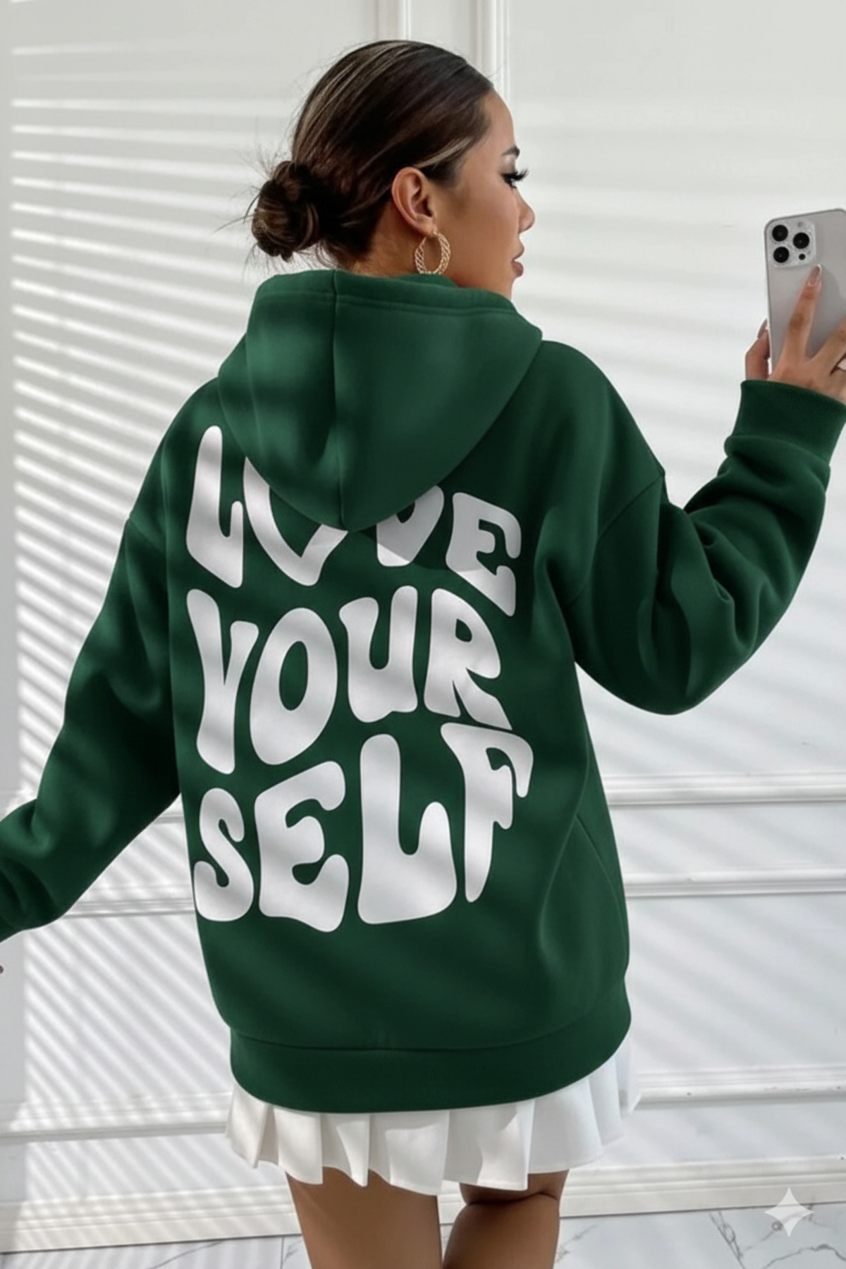 سویشرت کلاه‌دار سایز بزرگ Love Your Self چاپ سه نخ برس خورده ۱۰۰٪ پنبه — سبز mah-paggos-Kapüşonlu1-sweat-1 — تصویر 3 از 4