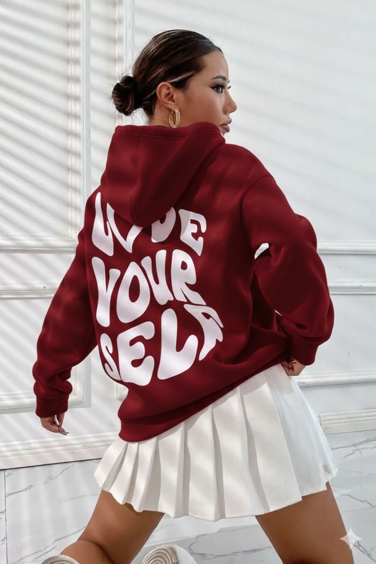 Wish BF  Kapüşonlu Sweatshirt Oversize Love Your Self Baskılı 3 Iplik Şardonlu %100 Pamuk - Görsel 2