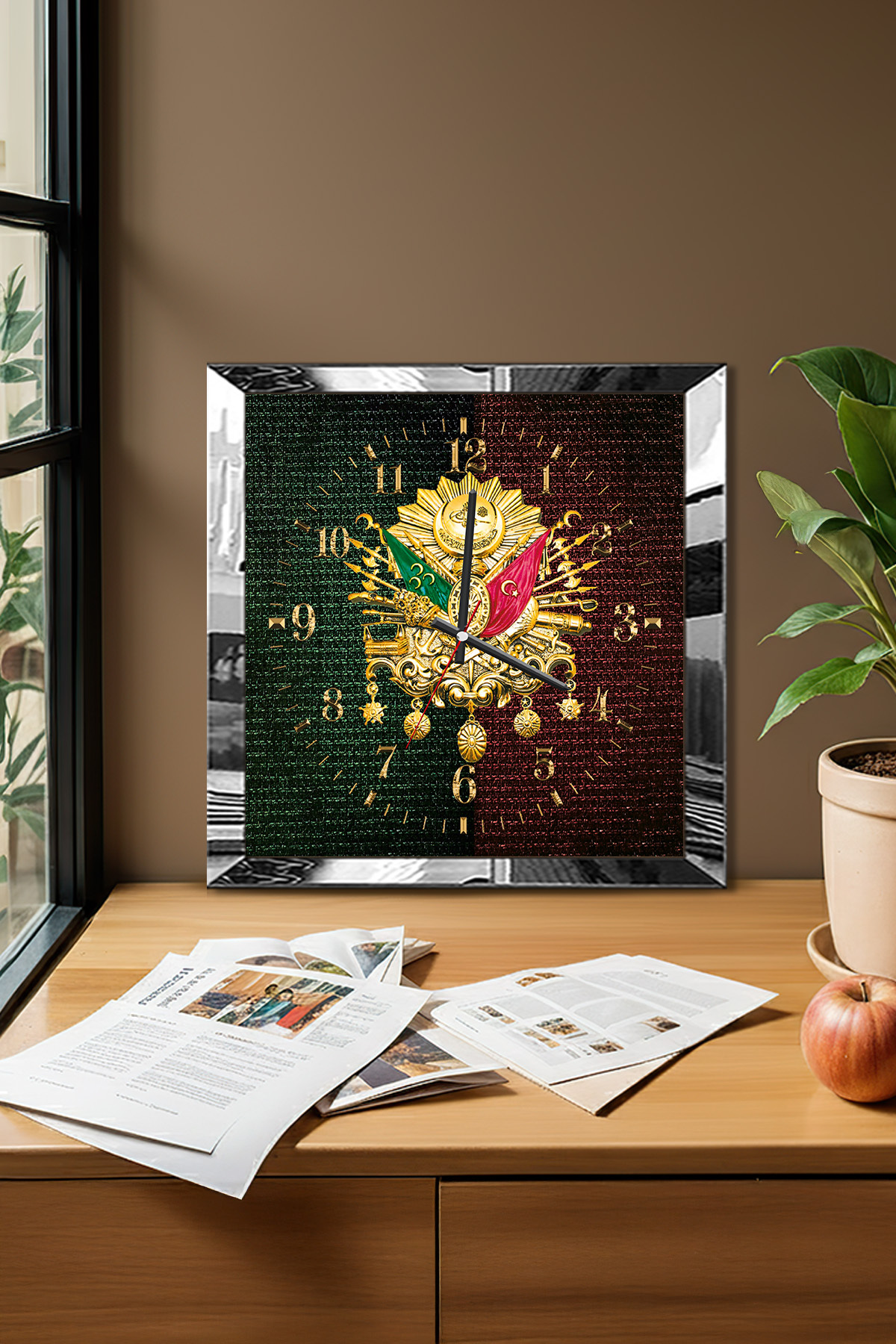 Ottoman Tughra Themed Decorative MDF Wall Clock with Silver Frame, Green and Orange Motifs