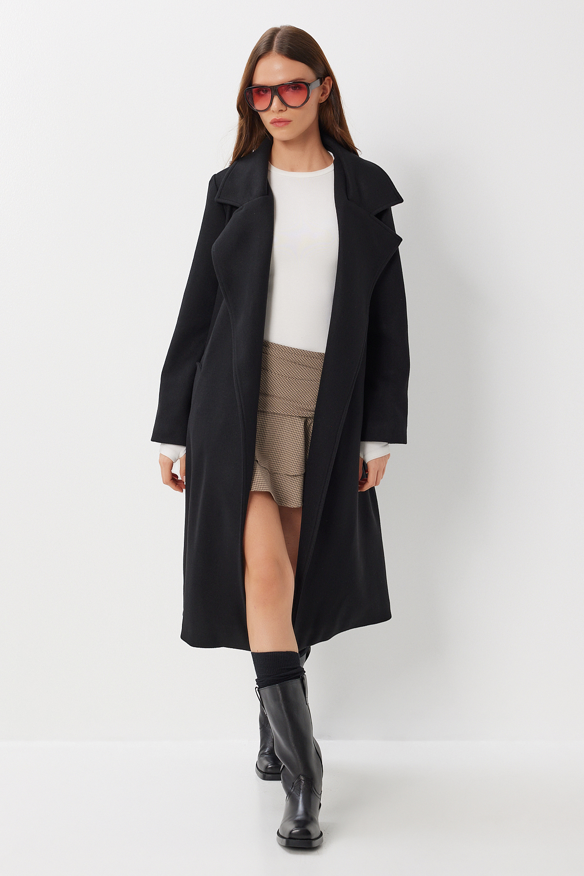 Lovelyİstanbul  Kruvaze Yaka Kuşaklı Kaşe Kaban LGP0030 SİYAH - Görsel 2