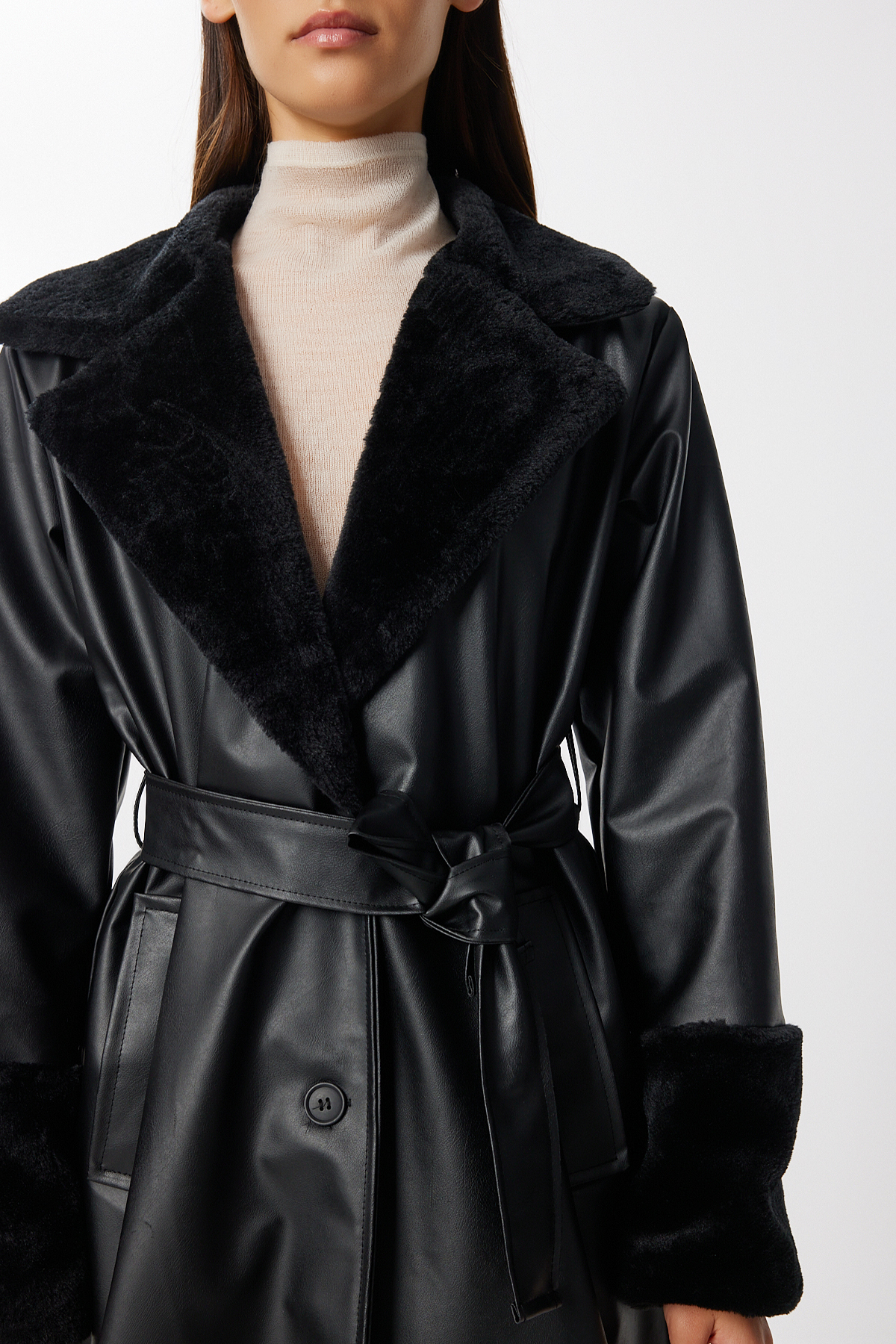 Lovelyİstanbul Fur Collar Long Faux Leather Trench Coat Lgp0028