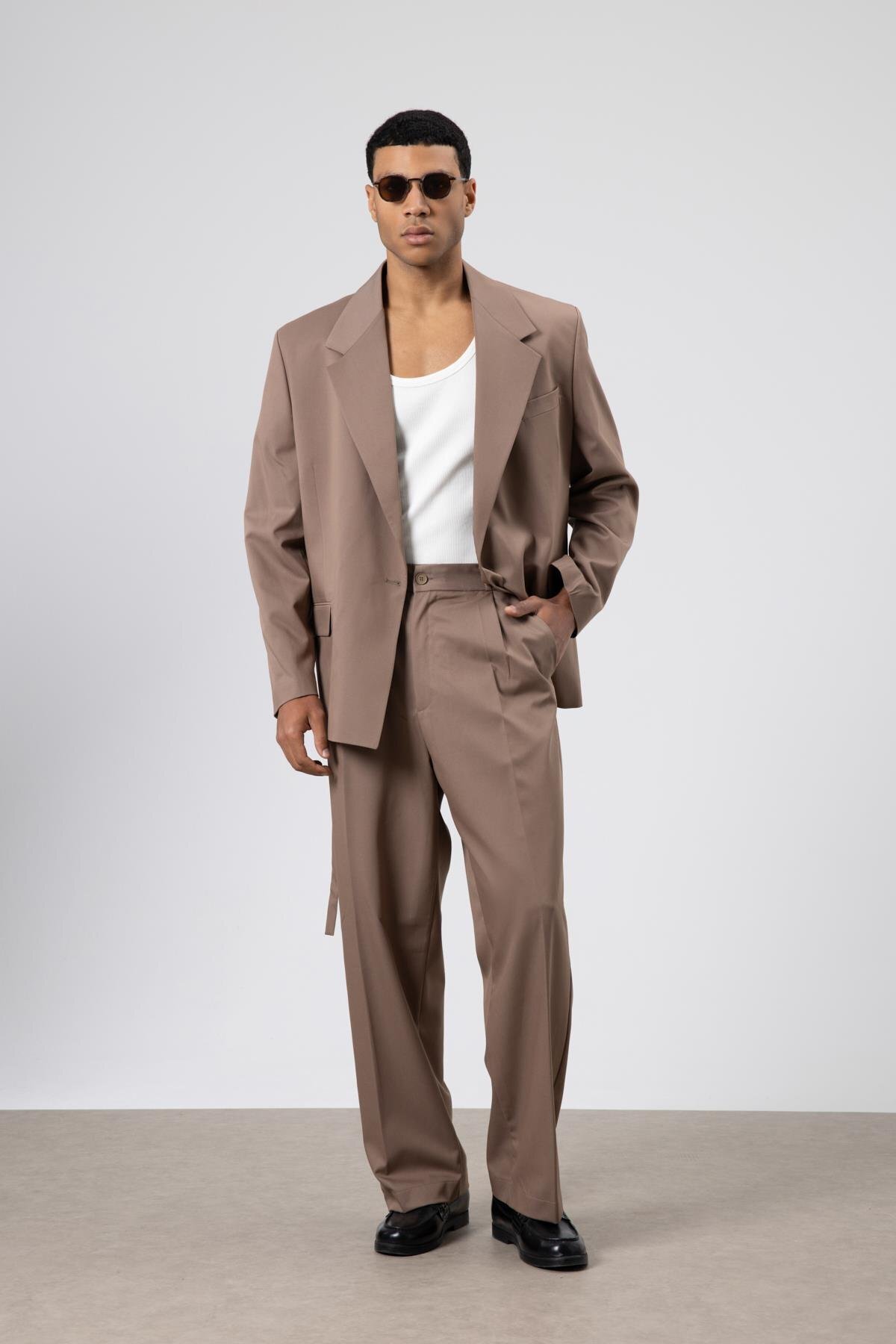 VAMOSCLO Oversize Kuşaklı Takım Elbise Vizon