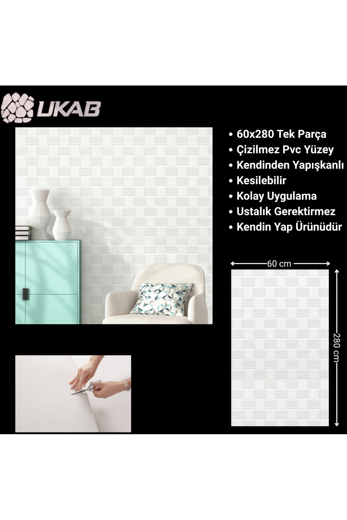 UKAB DEKOR 60x280 cm (1,68 m²) Tek Parça Çizilmez Yüzey Kendinden