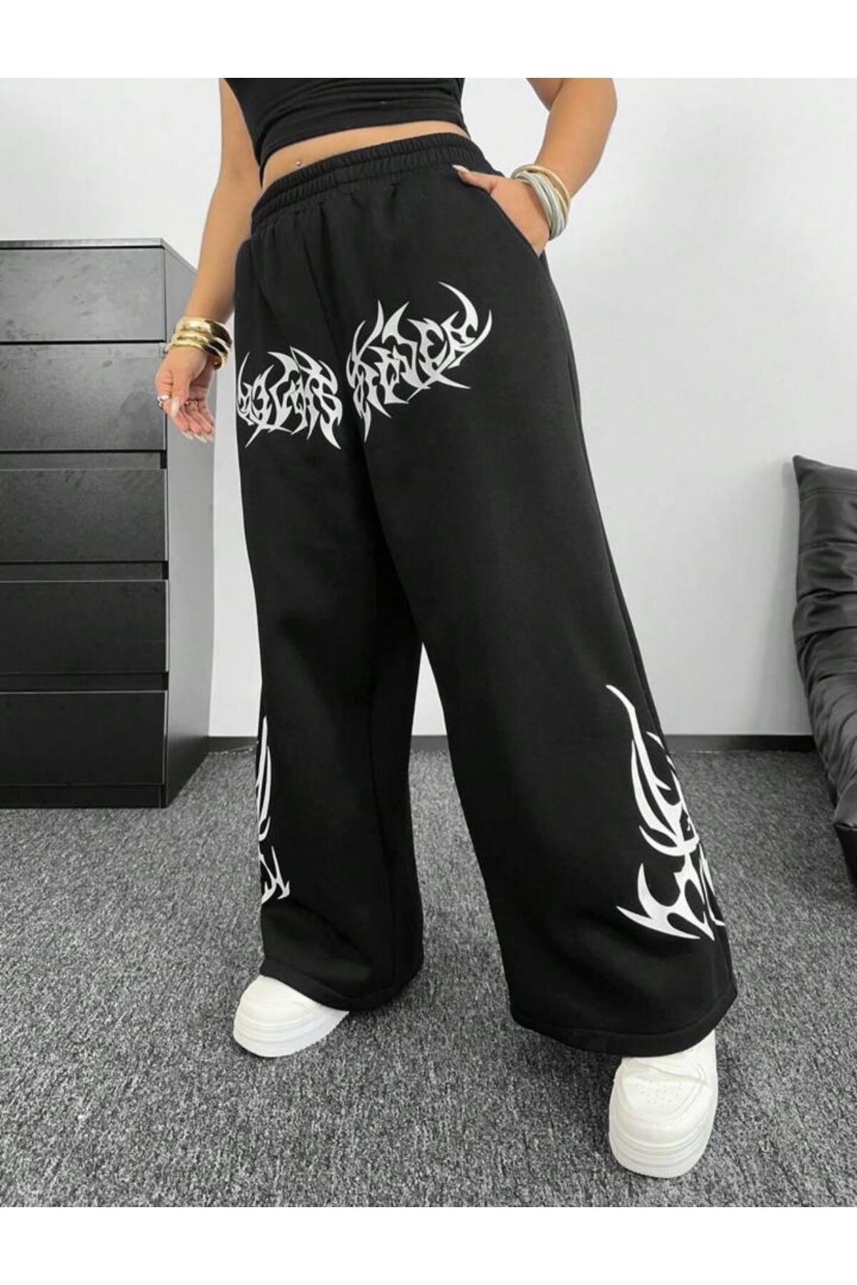 Le Vion  Kadın Bol Paça Alev Baskılı Baggy Eşofman Altı - Görsel 3