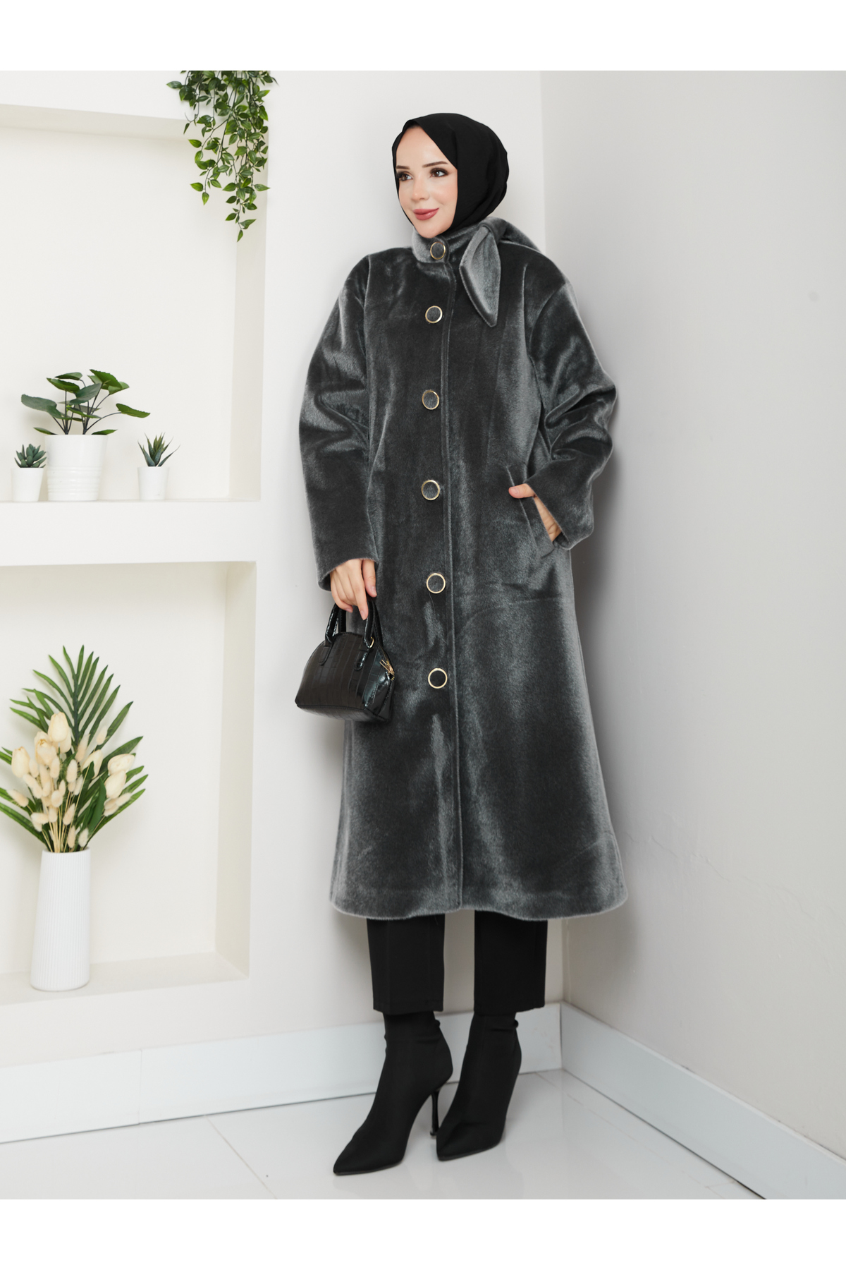 KMKkombin  KADIN DÜĞMELİ FİYONK MODELLİ FOKS KUMAŞ ŞIK KAŞE KABAN - Görsel 4