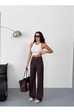 Zeo Basic KADIN KAHVERENGİ WİDE-LEG JEAN YÜKSEK BEL GENİŞ PAÇA KOT PANTOLON