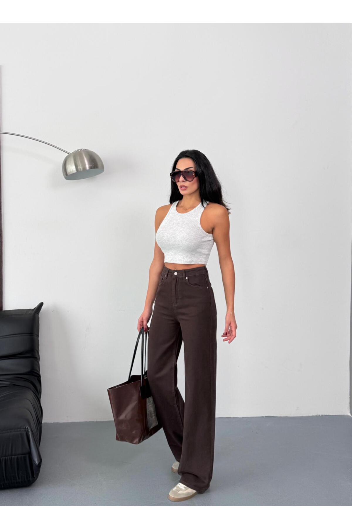 XBELLA DENİM  KADIN KAHVERENGİ WİDE-LEG JEANS YUKSEK BEL GENİŞ PAÇA KOT PANTOLON - Görsel 6