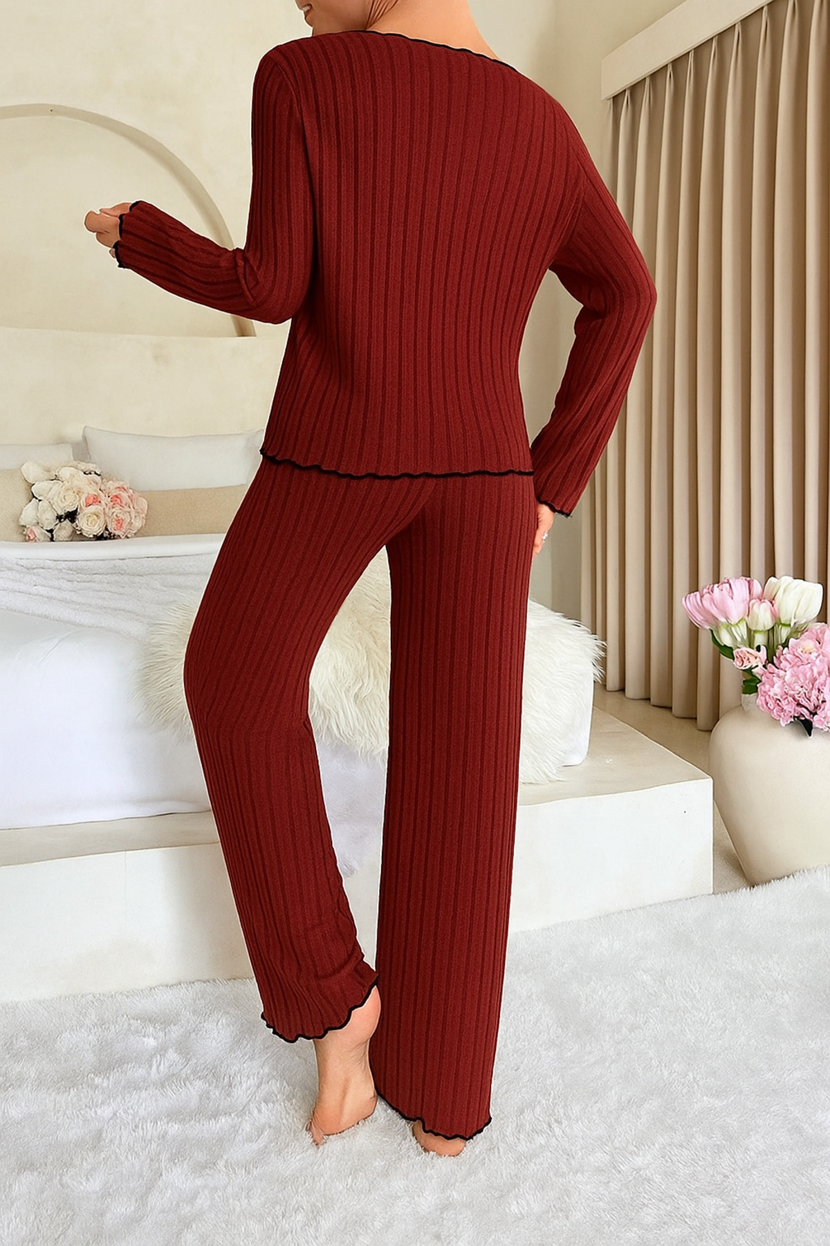 Biraltı Moda Жіночий піжамний комплект з довгими рукавами та бавовняною стрічкою