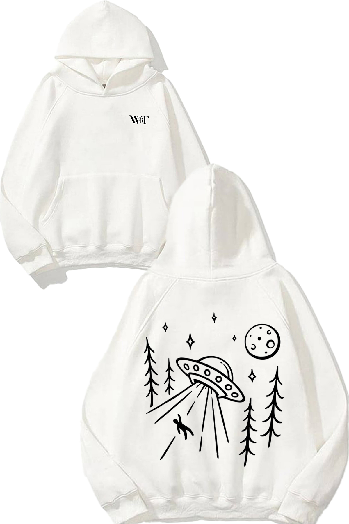 THEWERT Flying Saucer Ufo Doodle Design Back Printed White Hooded Sweatshirt
