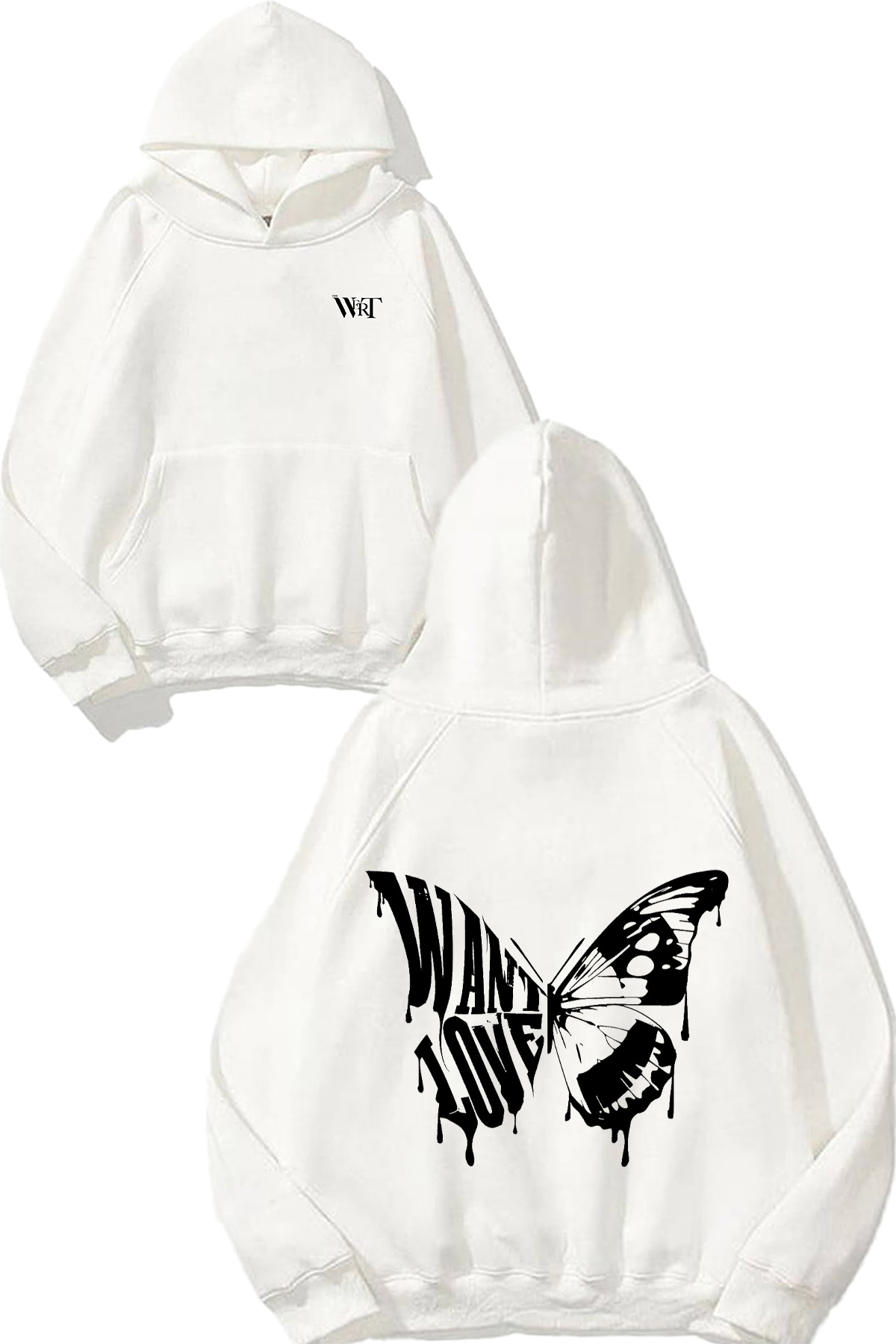 THEWERT Want Love Design Back Printed White Hooded Sweatshirt