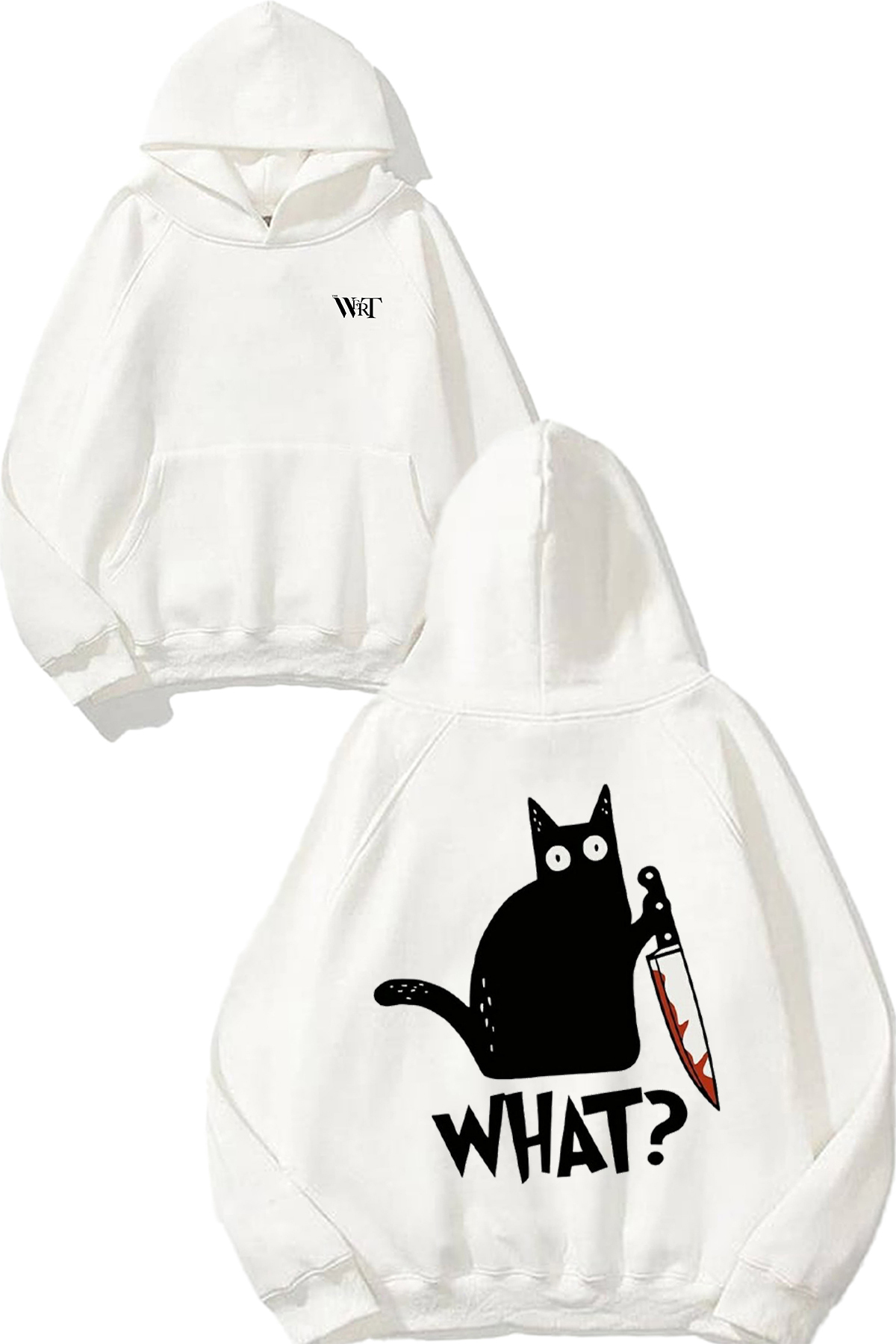 THEWERT What Cat Design Back Printed White Hooded Sweatshirt