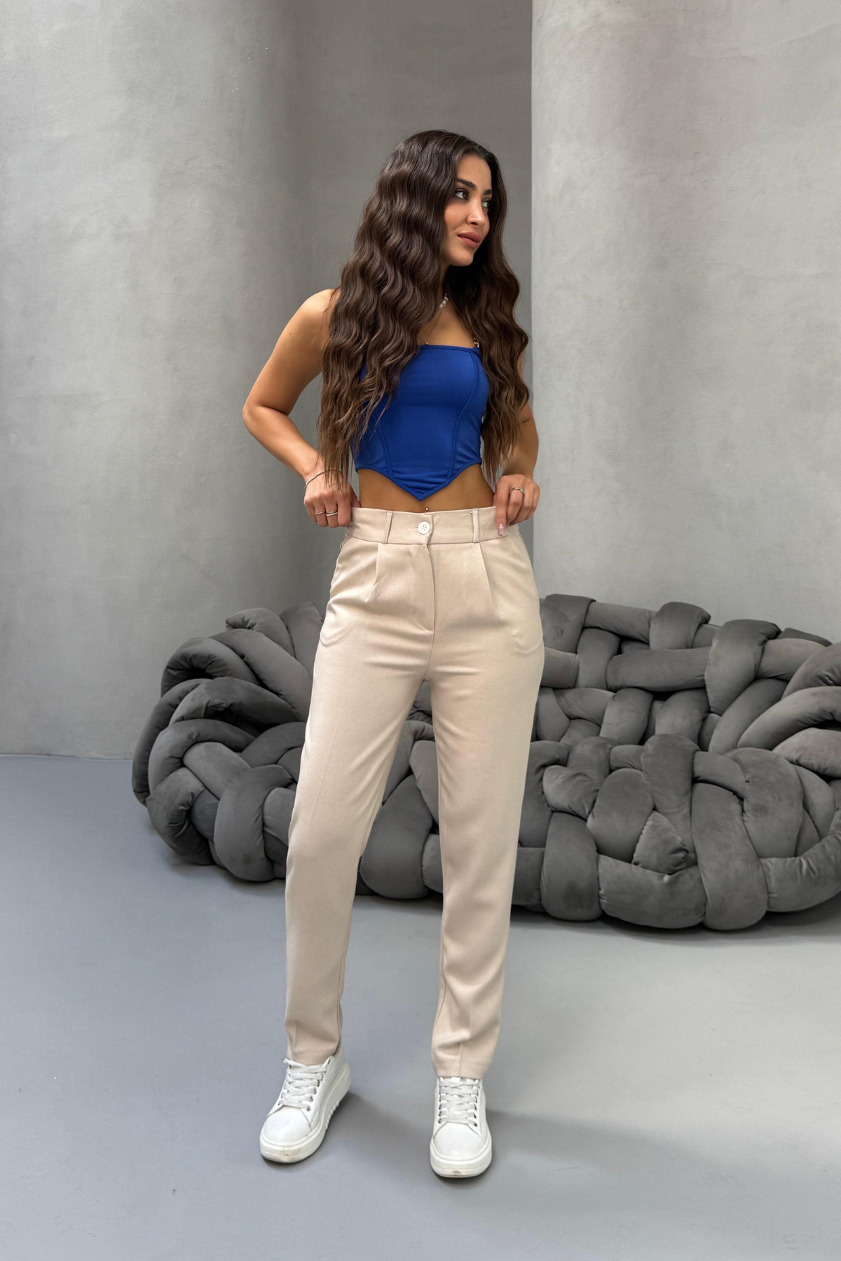 Kadın Yüksek Bel Havuç Model Beli Lastikli Dar Paça Pantolon BEJ 7
