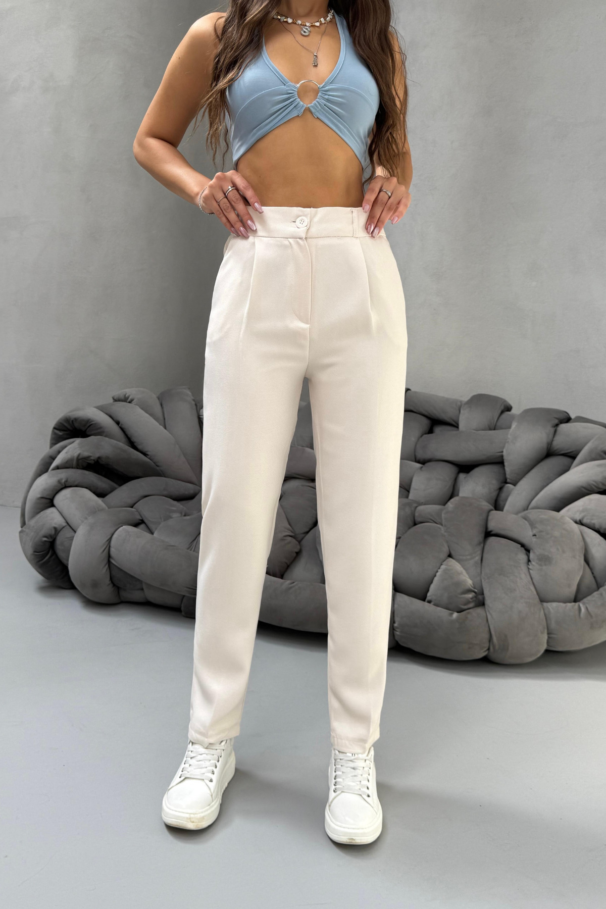 Kadın Yüksek Bel Havuç Model Beli Lastikli Dar Paça Pantolon TAŞ 3