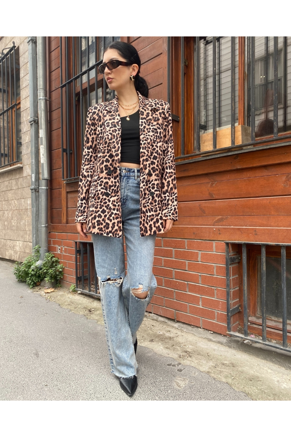 Kadın Leopar Kruvaze Oversize Blazer Ceket Düğme Detaylı