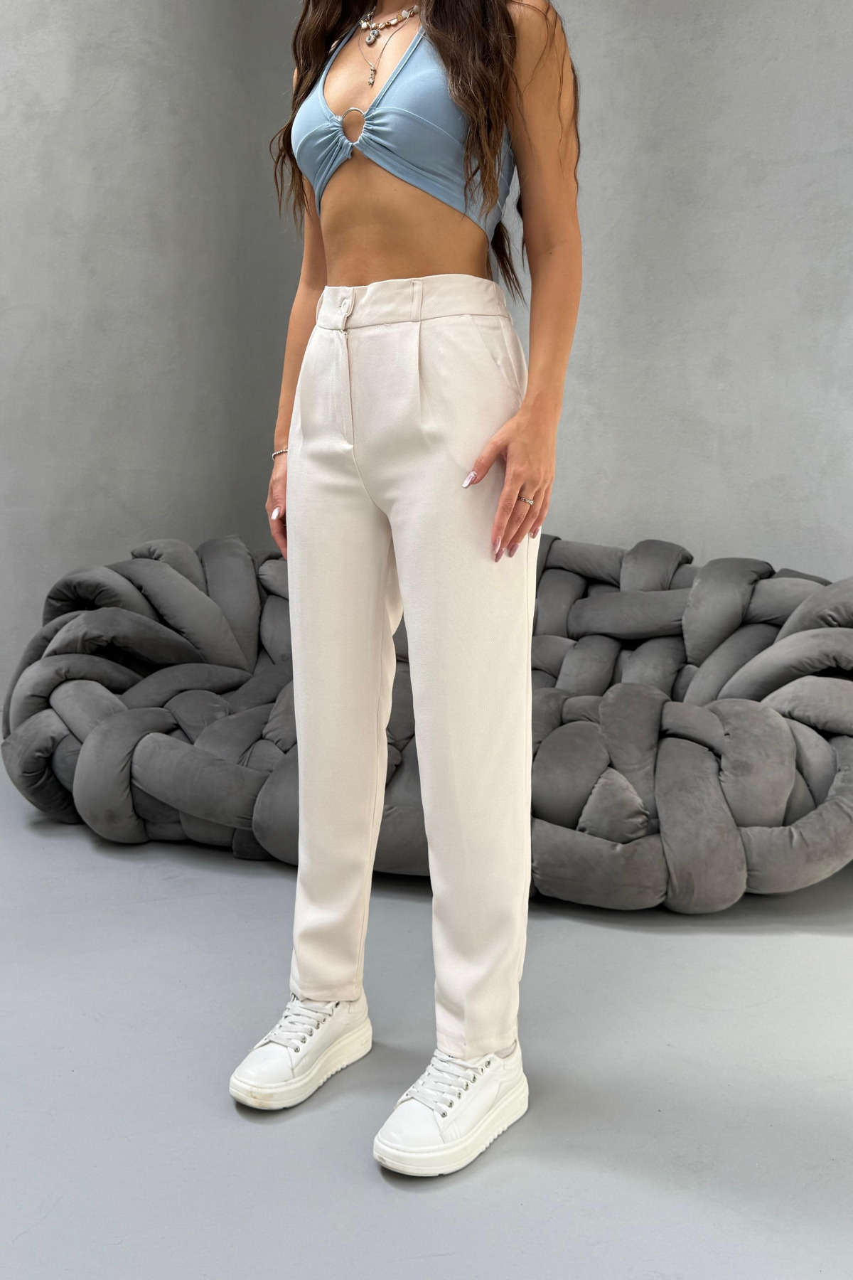Kadın Yüksek Bel Havuç Model Beli Lastikli Dar Paça Pantolon TAŞ 4