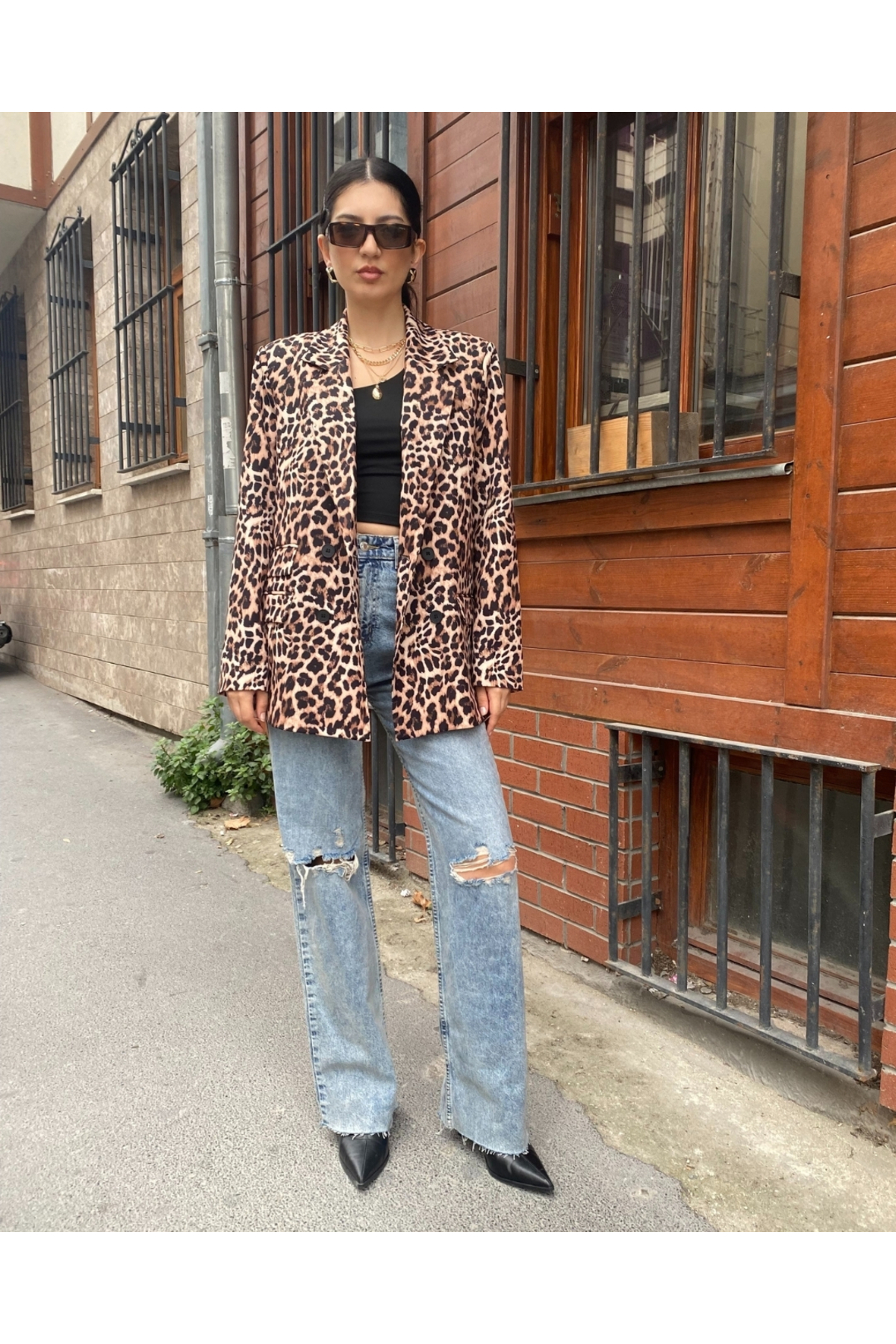 Kadın Leopar Kruvaze Oversize Blazer Ceket Düğme Detaylı
