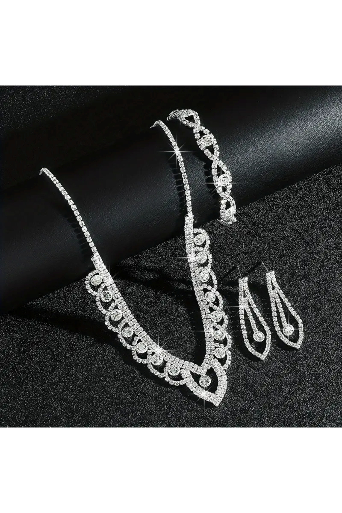 Gümüş Kaplama Melisa Model Kolye Küpe Bileklik Seti Düğün Nişan Davet Seti Hediye Takı Seti