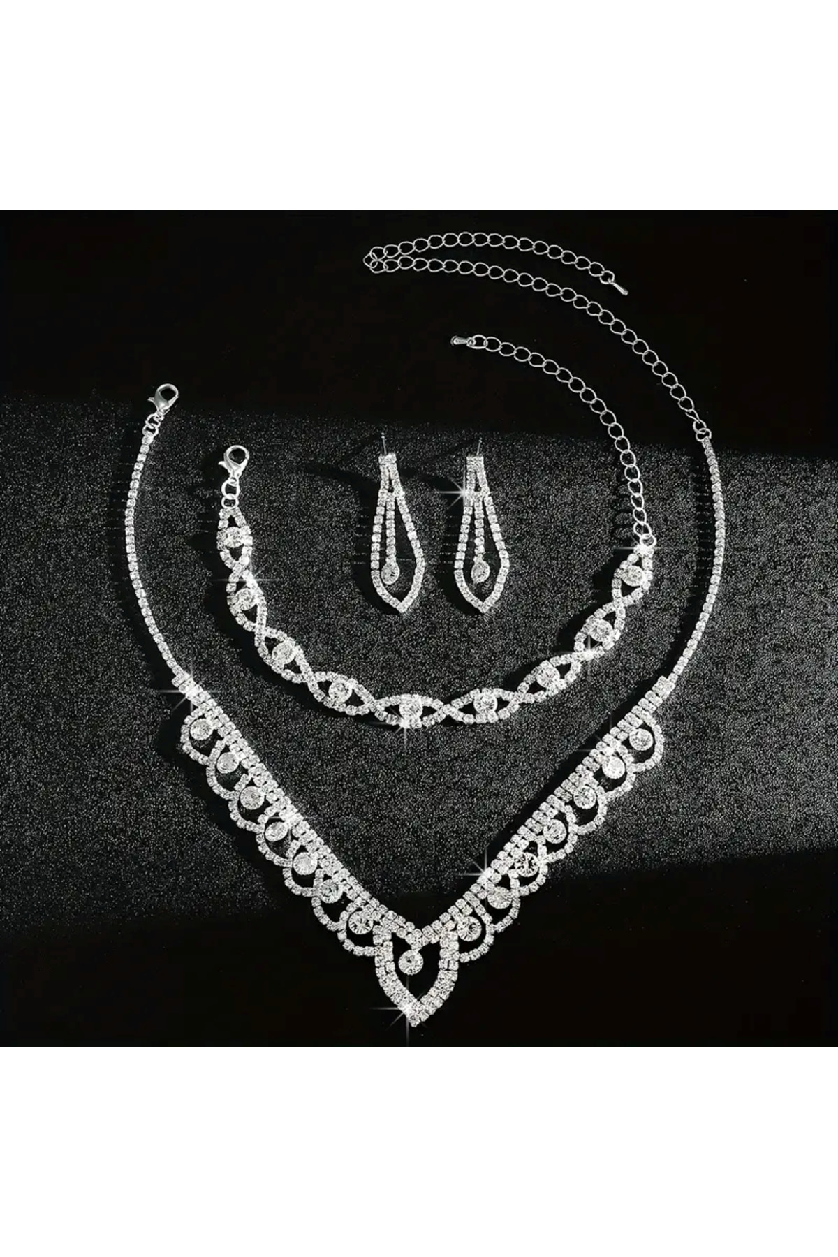 Gümüş Kaplama Melisa Model Kolye Küpe Bileklik Seti Düğün Nişan Davet Seti Hediye Takı Seti