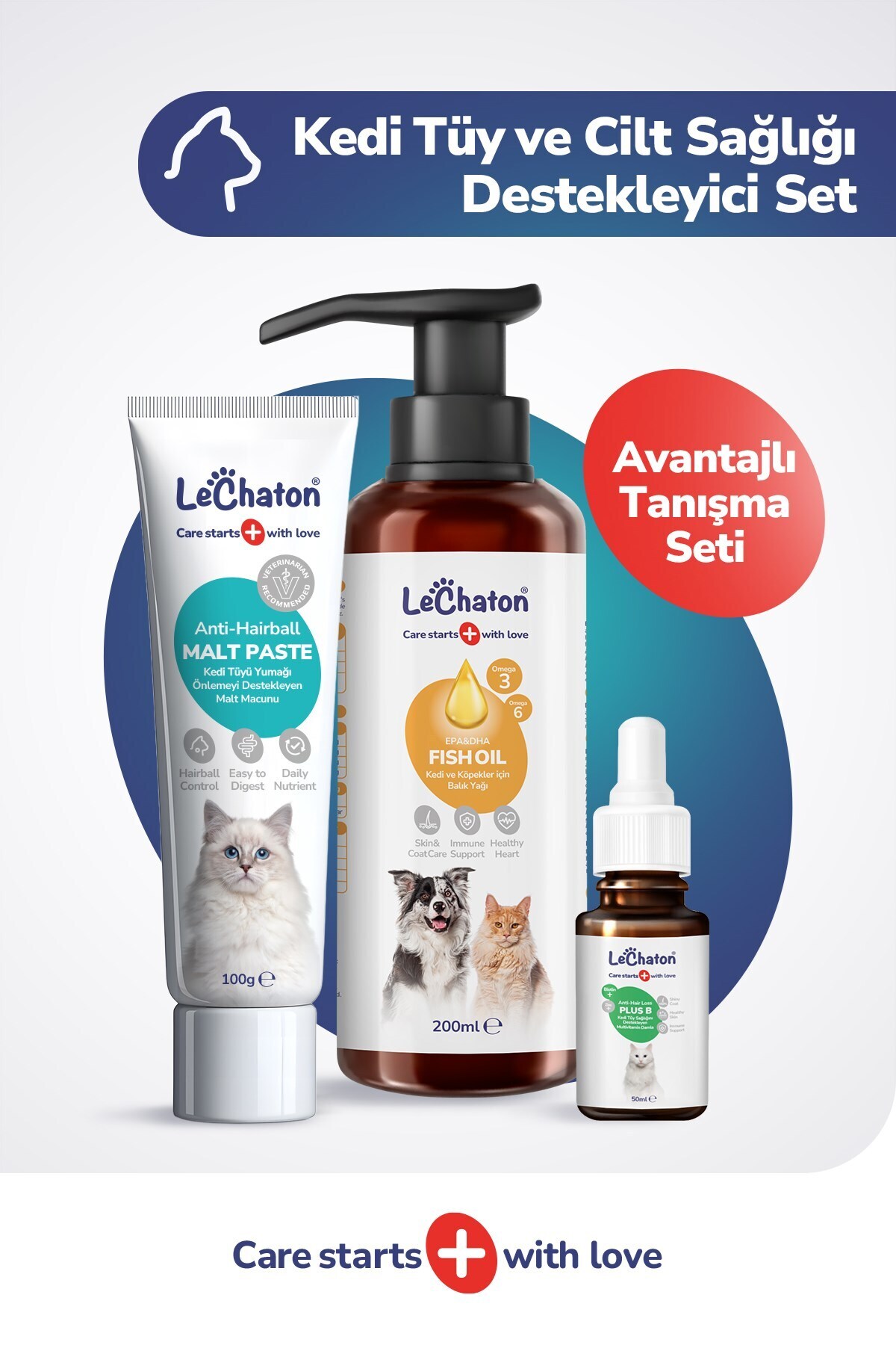 LeChaton Pet Care Kedi Tüy Döküm Dökülmesi Önleyici Engelleyici Tüy Sağlığı Destek Seti (Malt paste-Balık yağı-Damla)