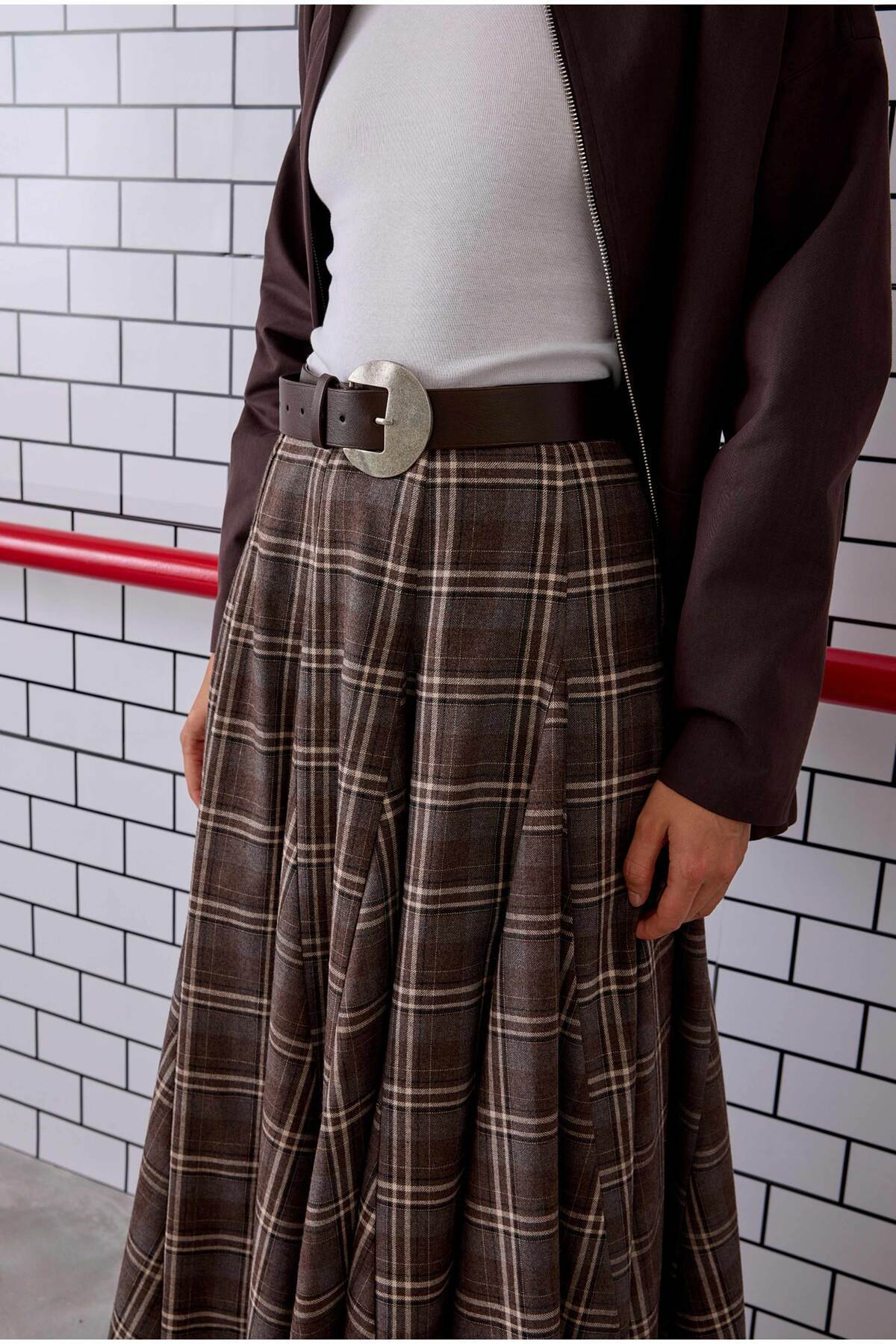 HEQA  Volanlı Ekose Etek Kahve - Görsel 5