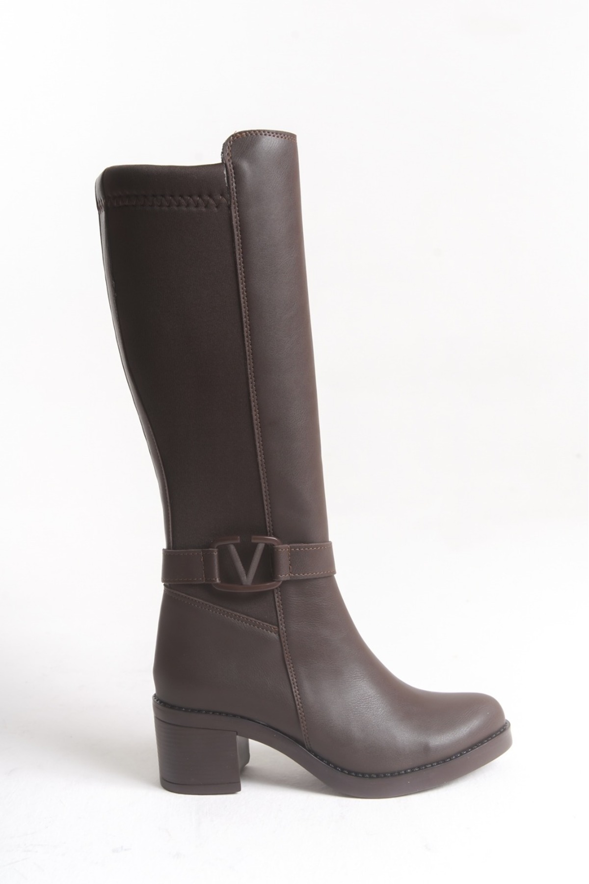 Limeo  Acı Kahve Deri Görünümlü Arkası Streç Esnek Kalın Orta Topuklu V Metal Detay Fermuarlı Uzun Çizme - Görsel 7
