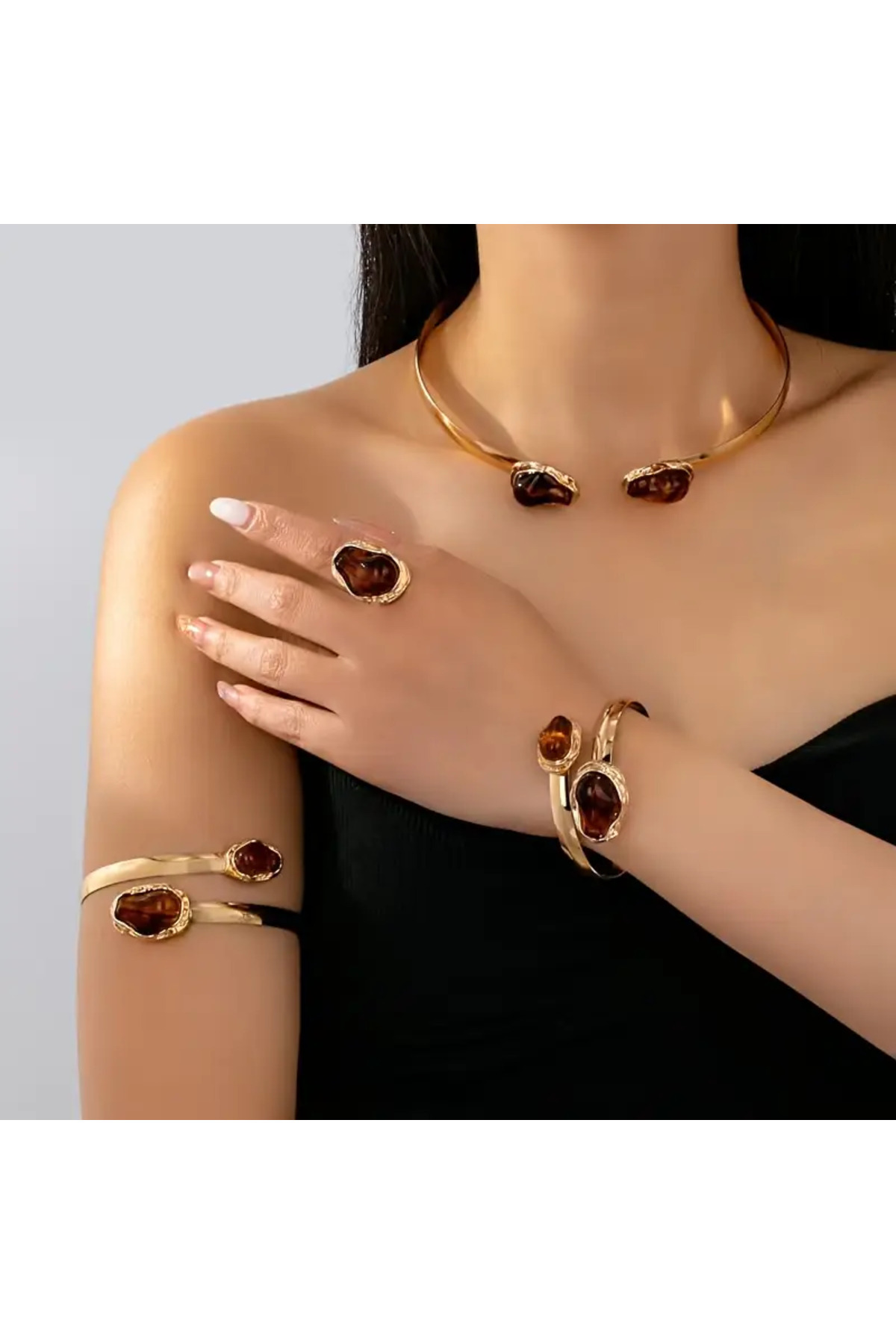 İnci Mercan Bujiteri Bohem Tarz Dört Parça Kadın Kolye - Bileklik - Küpe - Yüzük - Çember