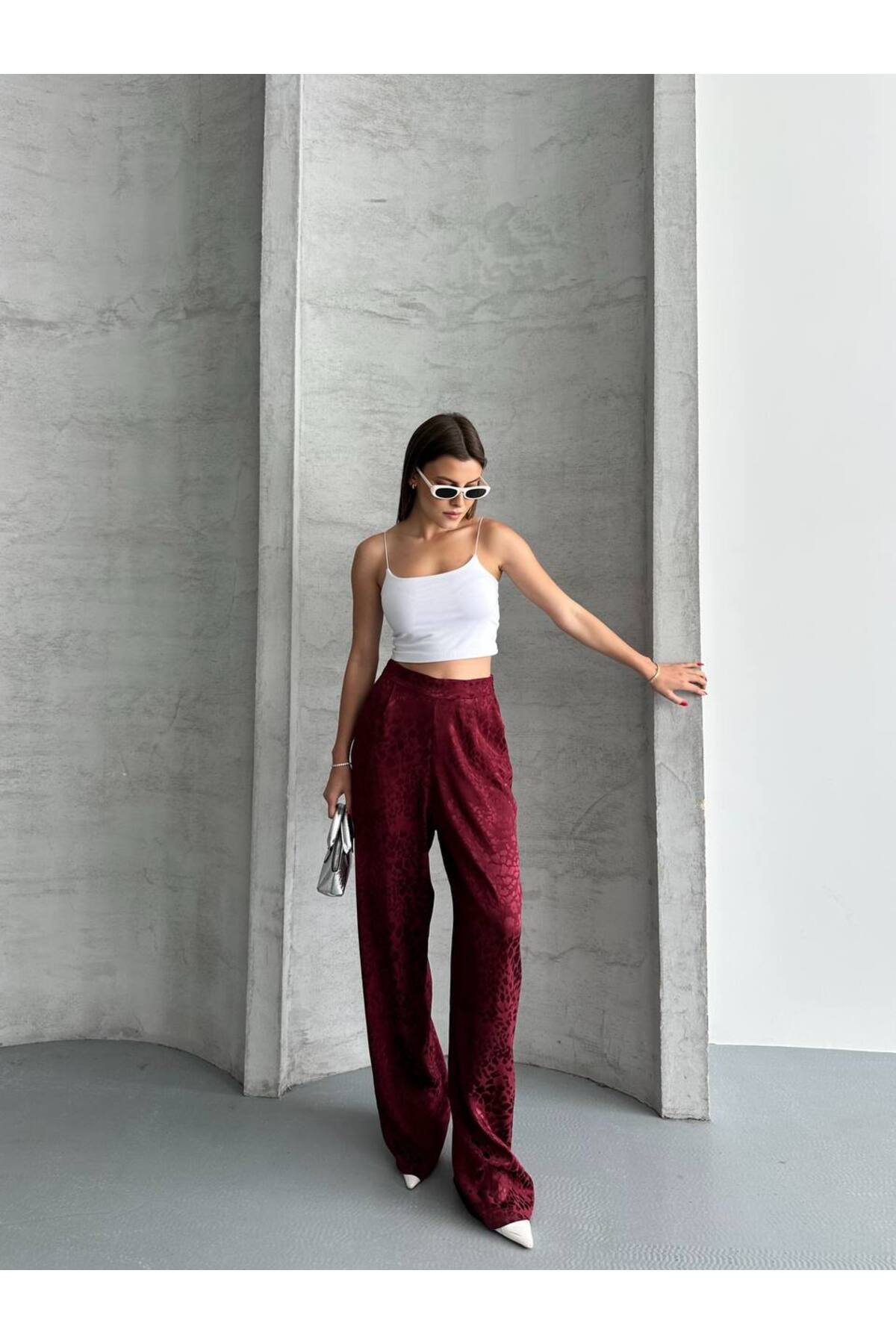 Women's Leopard Print Burgundy Pants - Görsel 4