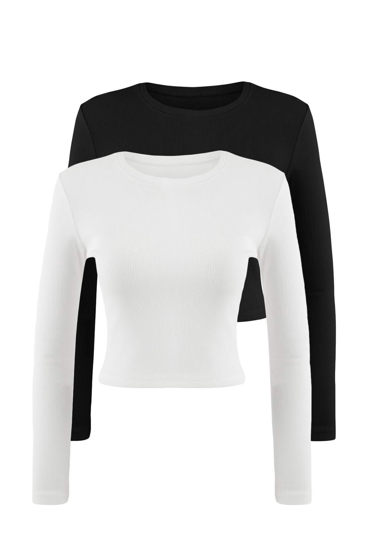 Trendyolmilla  Siyah-Beyaz 2'li Paket Fitted/Vücuda Oturan Bisiklet Yaka Crop Fitilli Esnek Örme Bluz TWOAW22BZ0331 - Görsel 20