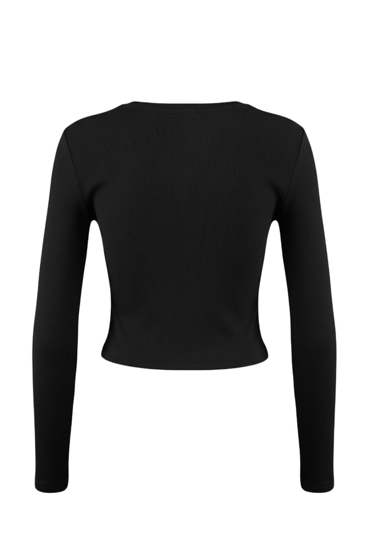 Trendyolmilla  Siyah-Beyaz 2'li Paket Fitted/Vücuda Oturan Bisiklet Yaka Crop Fitilli Esnek Örme Bluz TWOAW22BZ0331 - Görsel 22